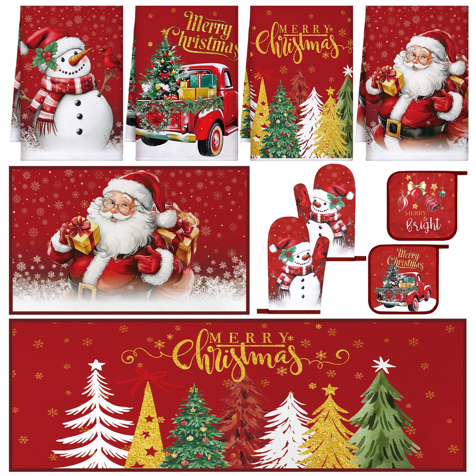 Fourluoo 10 Pcs Christmas Kitchen Decor Set Christmas Oven Mitts and Pot Holders Set Xmas Kitchen Dish Towels Santa Rugs and Mat