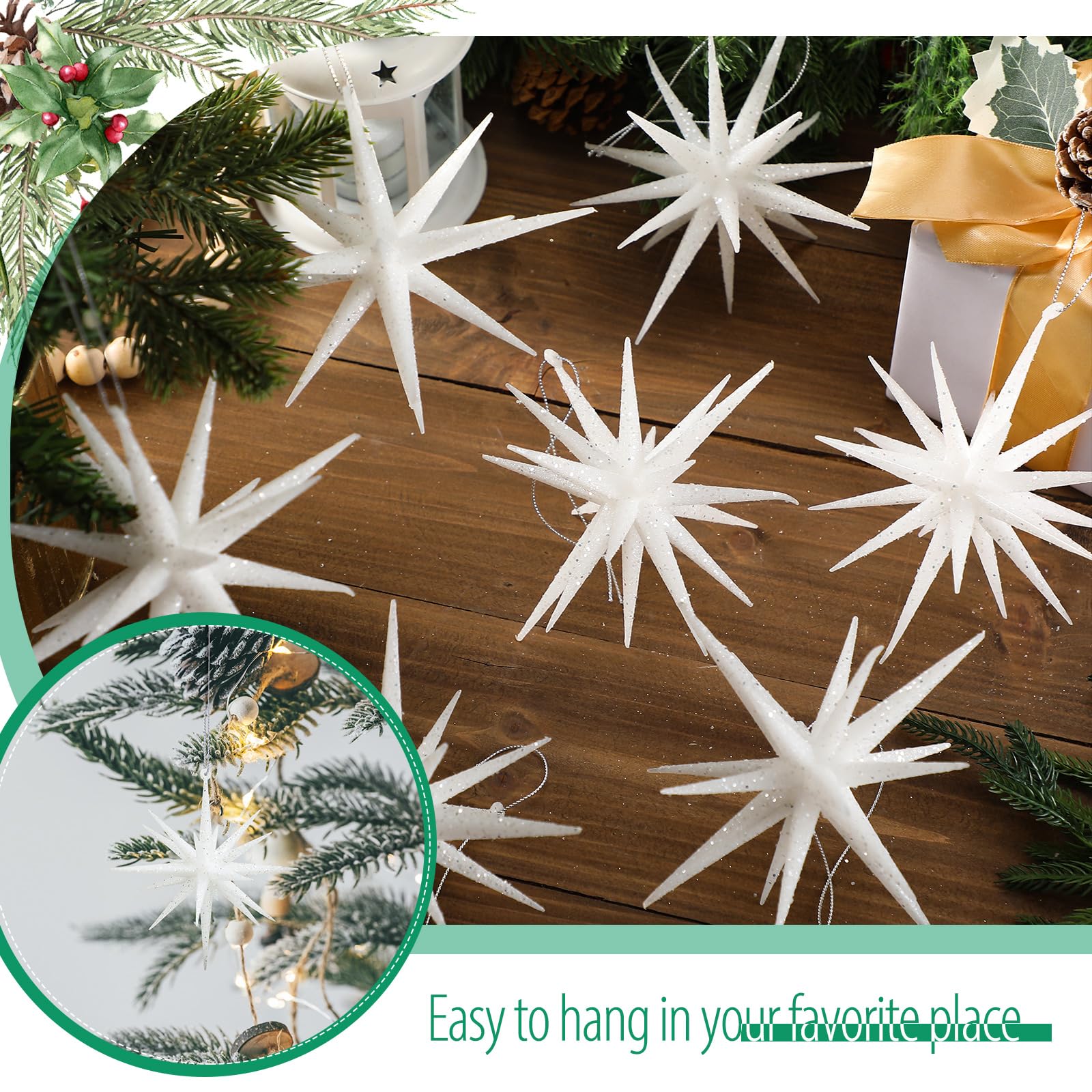 Wonderjune 6 Inch Set of 8 Glitter Large Star Hanging Ornaments Christmas Tree Decorations Plastic Festive Embellishments Pendan