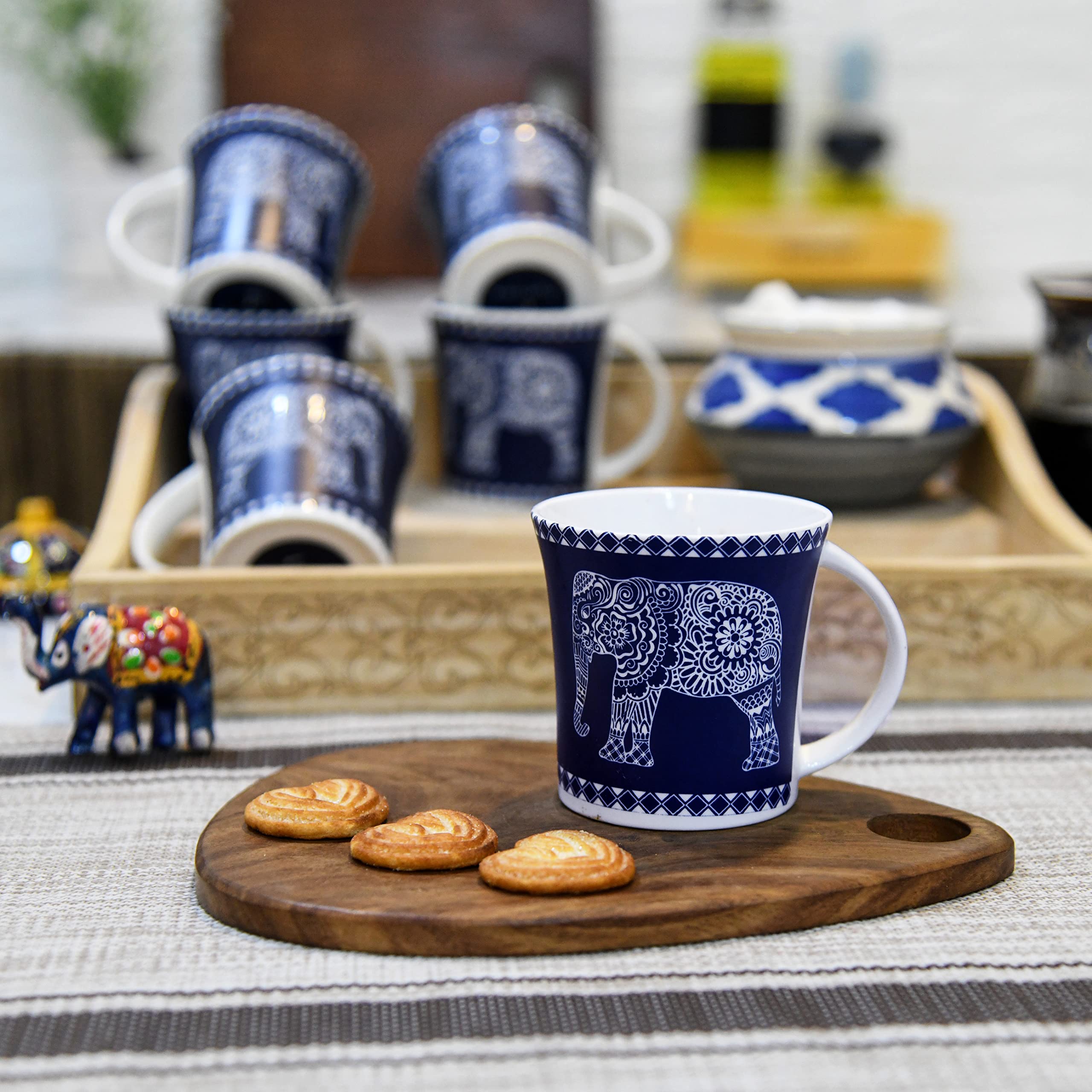 Femora Majestic Elephant Ceramic Coffee & Tea Cup Set Of 6, 160 Ml, Blue