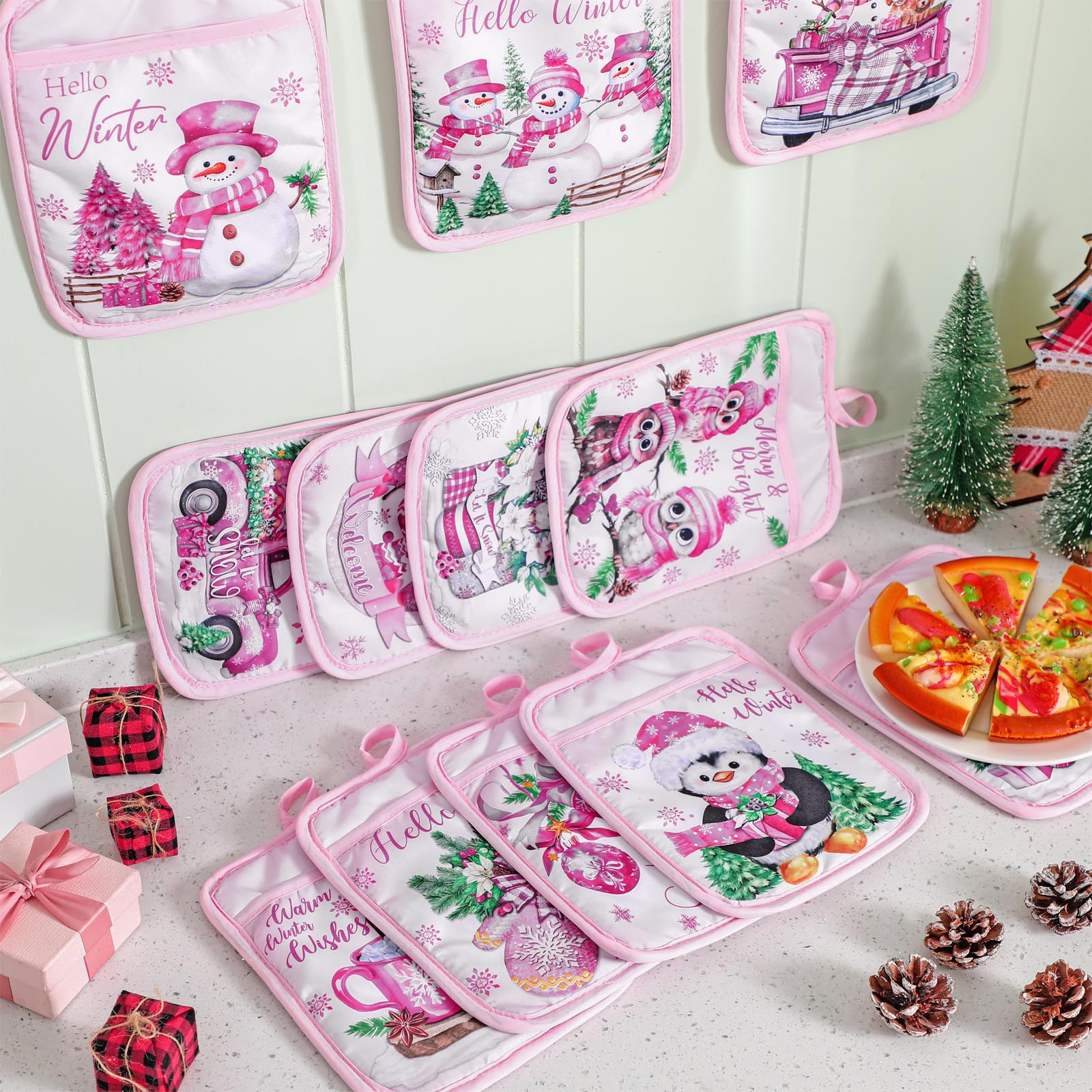 Jingmore 12 Pcs Pink Christmas Pot Holders with Pocket Hello Winter Pot Holders Gift Bulk Snowman Gnome Heat Resistant Hot Pads