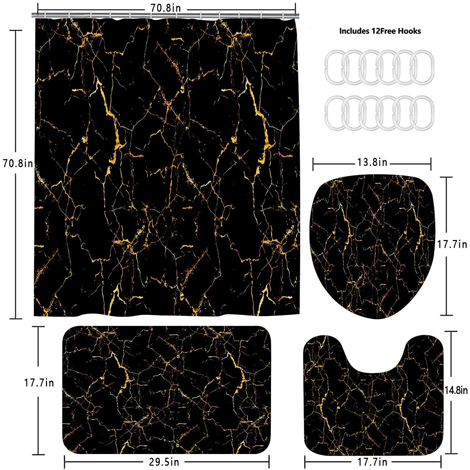 Azhm 4Pcs Shower Curtain Sets Black And Gold Marble Bathroom Sets With Shower Curtain And Rugs And Accessories Luxury Bathroom C