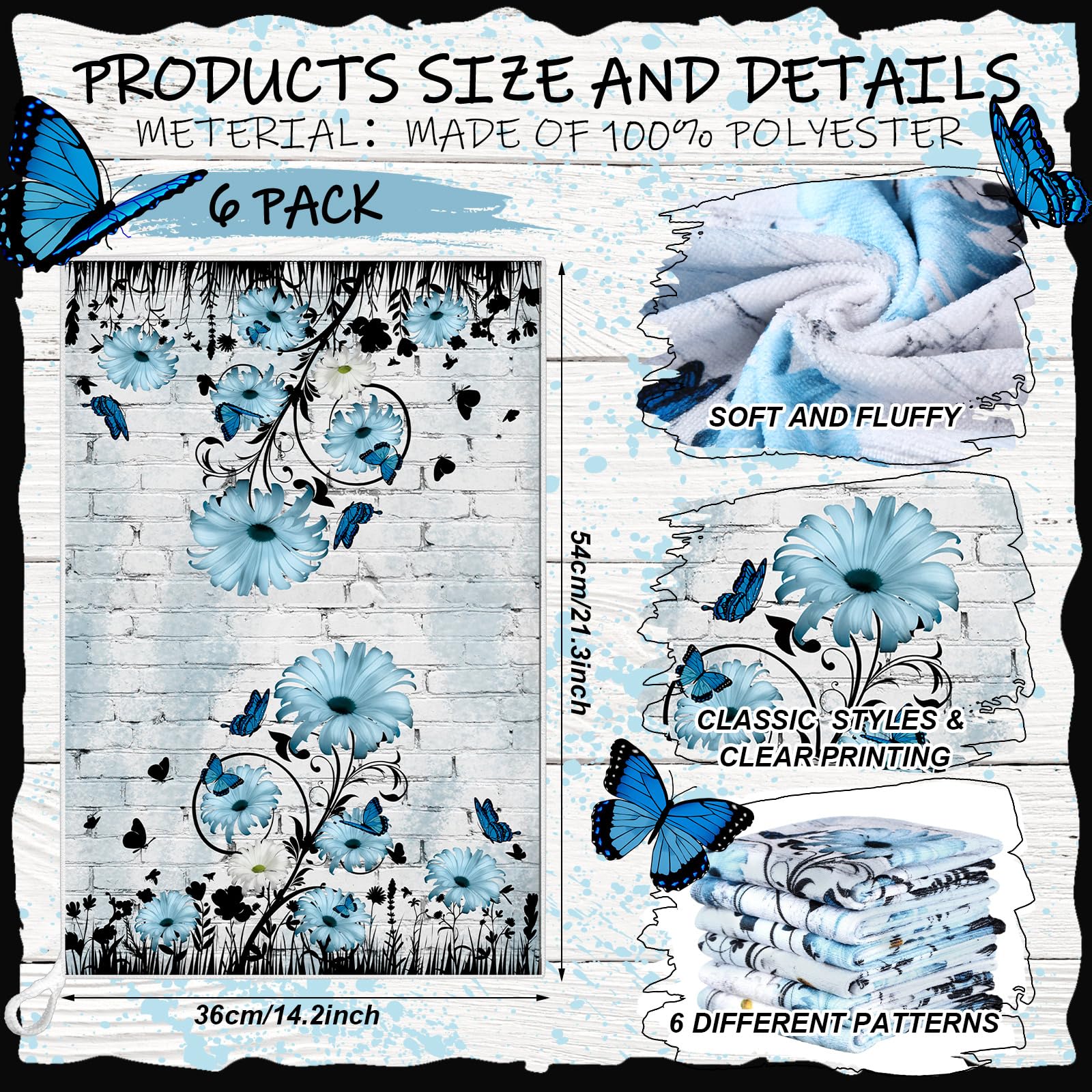 Breling Set of 6 Blue Daisy Kitchen Towel Vintage Themed Dish Towel Bathroom Decorative Rustic Tea Cloths for Kitchen Bathroom H