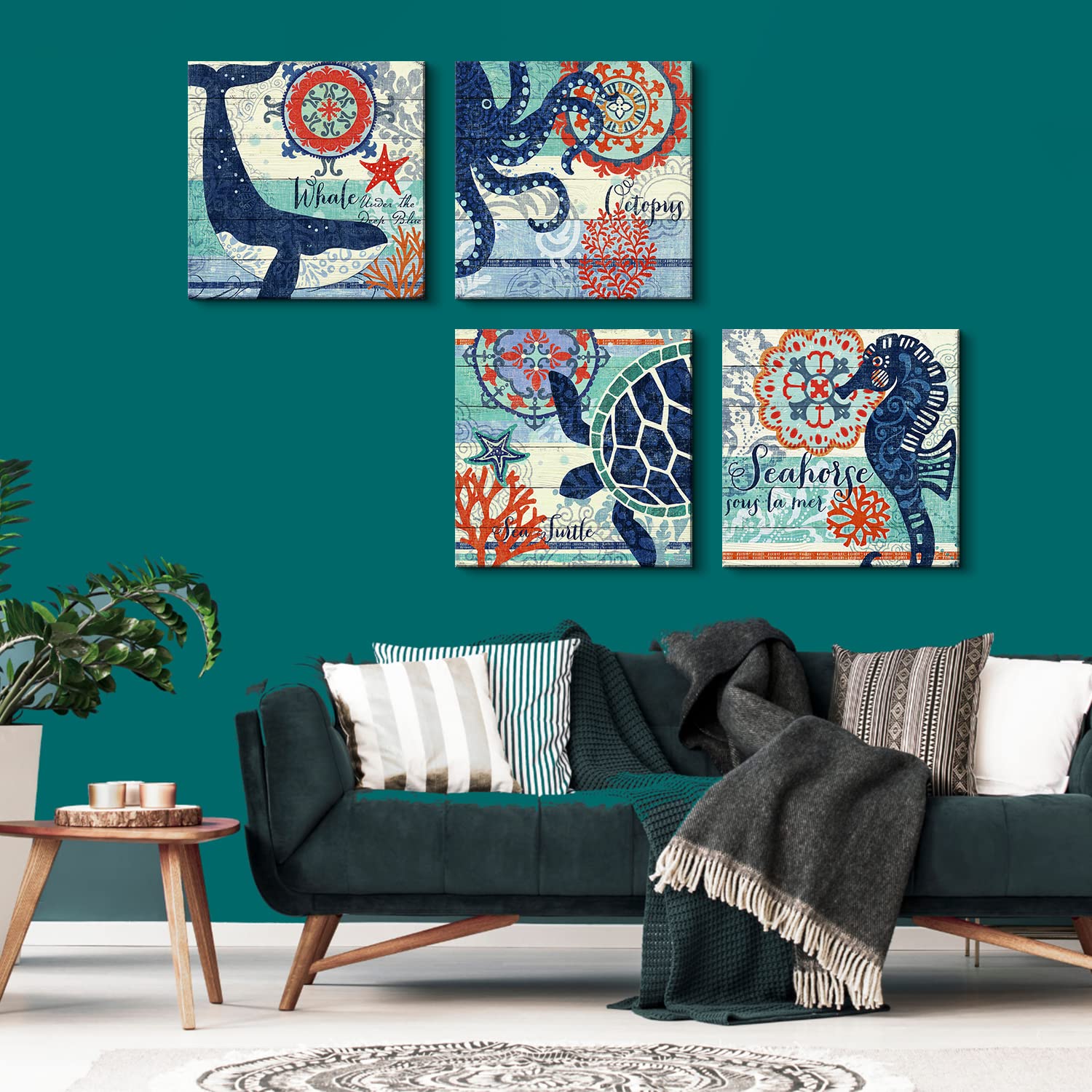 4 Panel Teal Blue Home Wall Art Decor Framed Artwork For Bathroom Living Room Canvas Print Beach Coastal Sea Turtle Octopus Seah