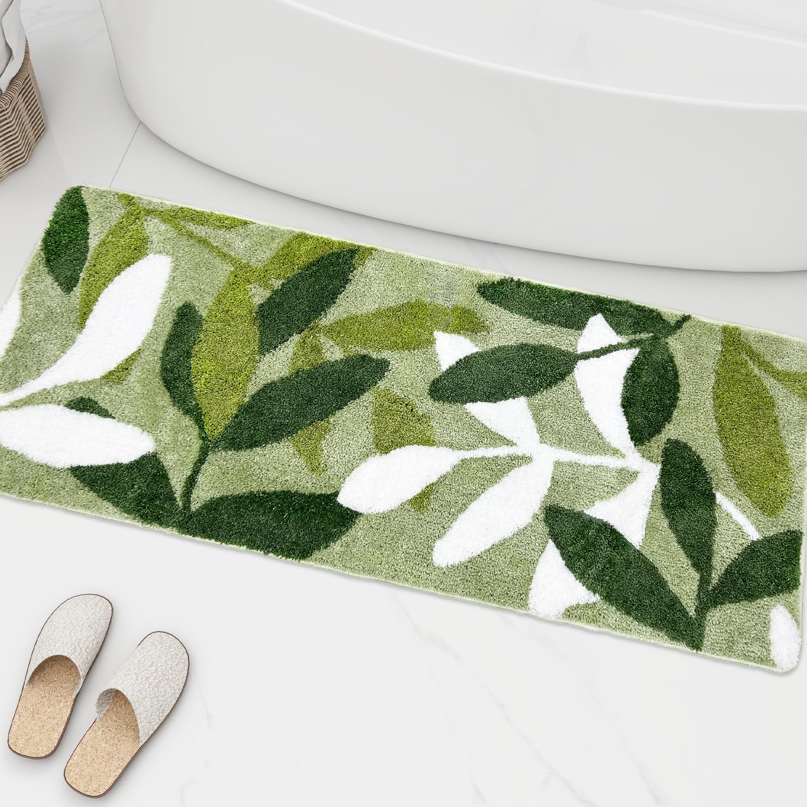 ZebraSmile Long Bathroom Runner Rugs- Sage Green Leaves Bath Mat Strong Water Absorbent Bathroom Mats with Non Slip Back for Was