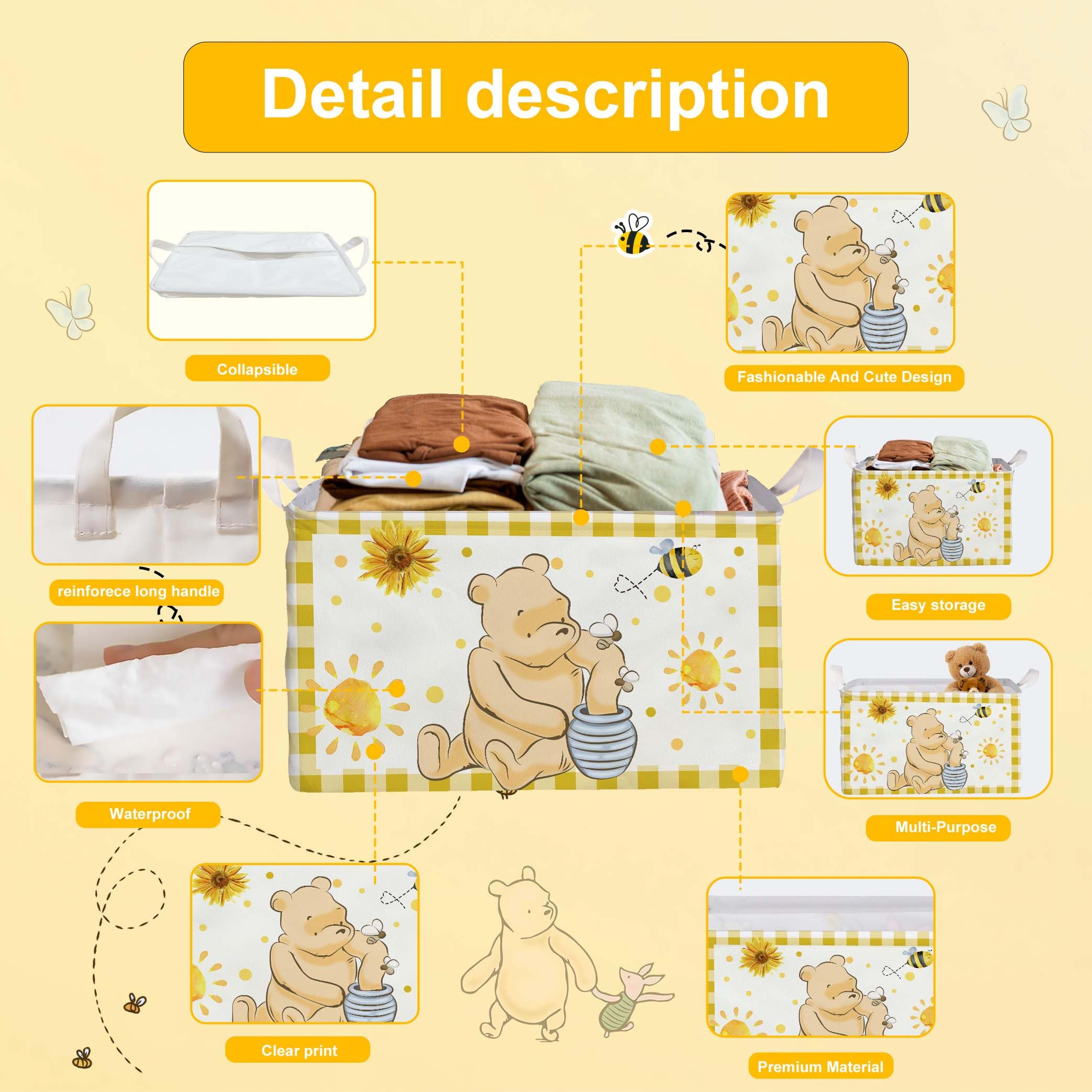 Zsatuiy Winnie Nursery Decor, The Pooh Baby Stuff, Winnie Storage Nursery Basket, Large Squarecanvas Laundry Hamper With A Water