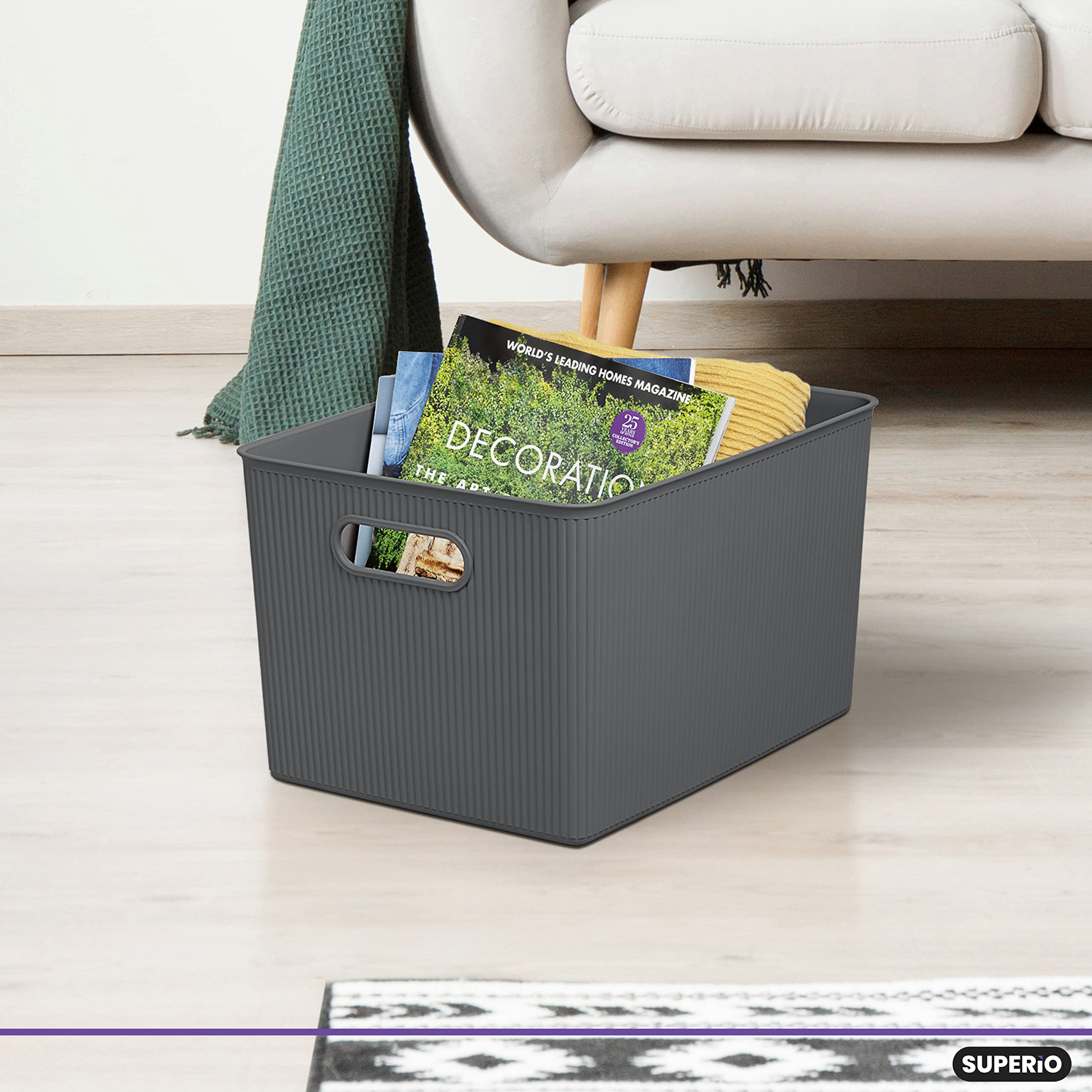 Superio Ribbed Collection - Decorative Plastic Open Home Storage Bins Organizer Baskets, X-Large Grey (1 Pack) Container Boxes F