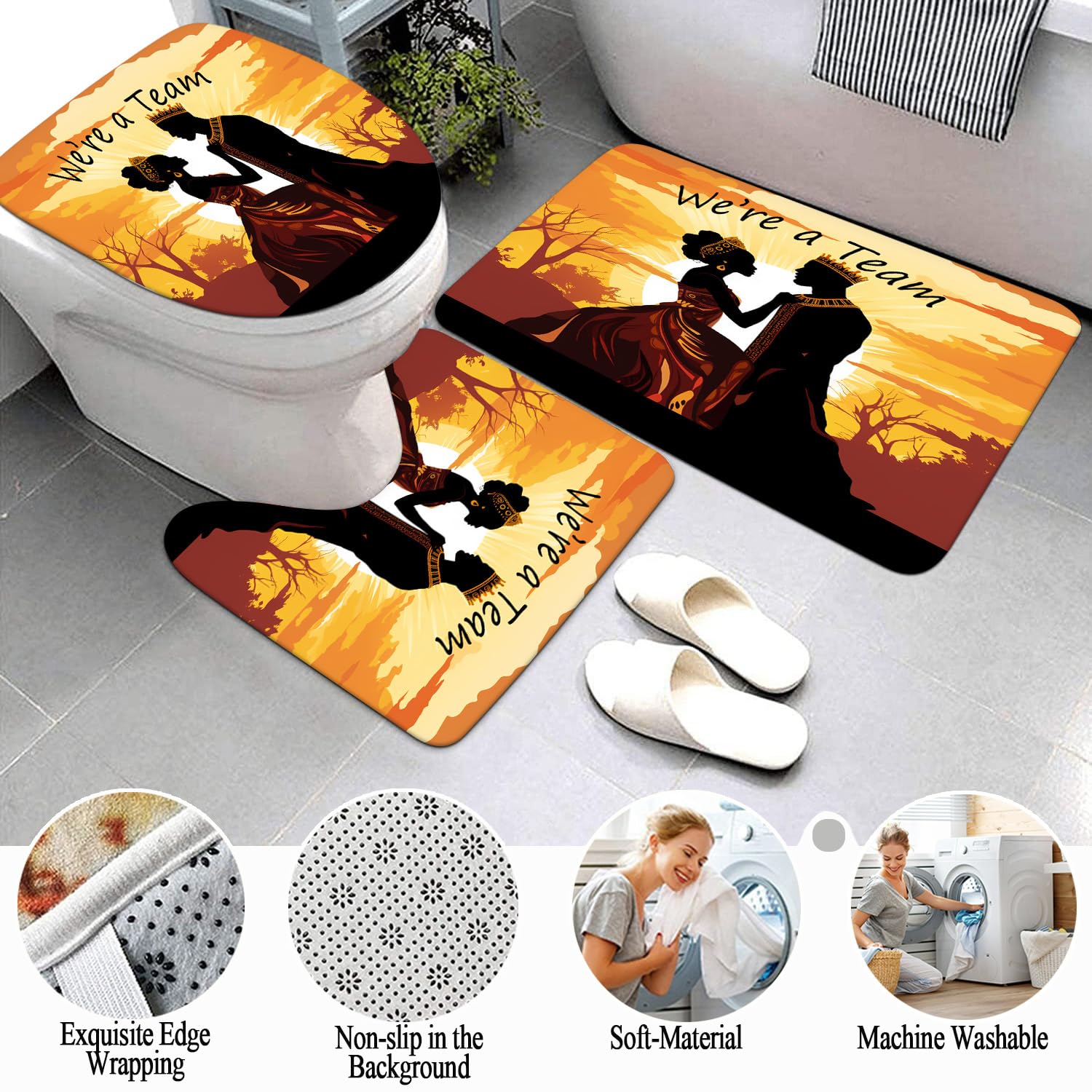 Omebero 4Pcs African American Shower Curtain Sets, Inspirational Quotes Black King Queen Bathroom Set With Shower Curtain And Ru