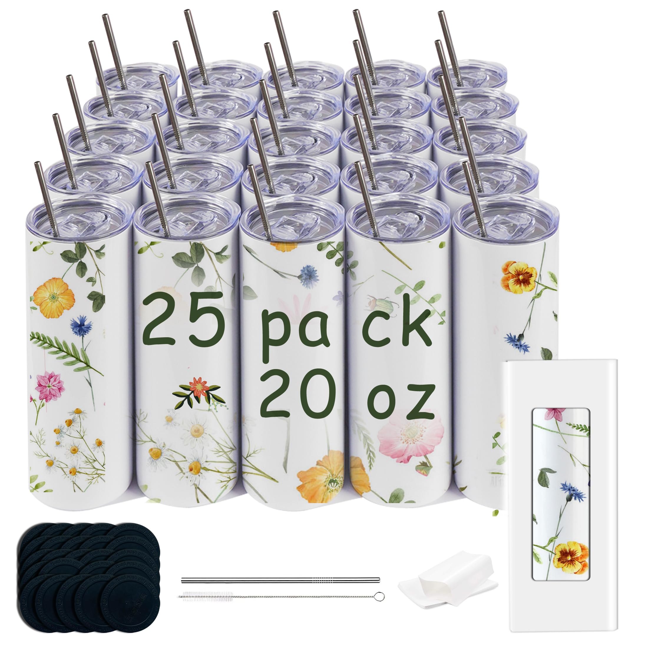 25pack 20oz Sublimation Straight Tumbler bluk Double Wall Stainless Steel Vacuum Cup with Metal Straw and silding lid for Wholes