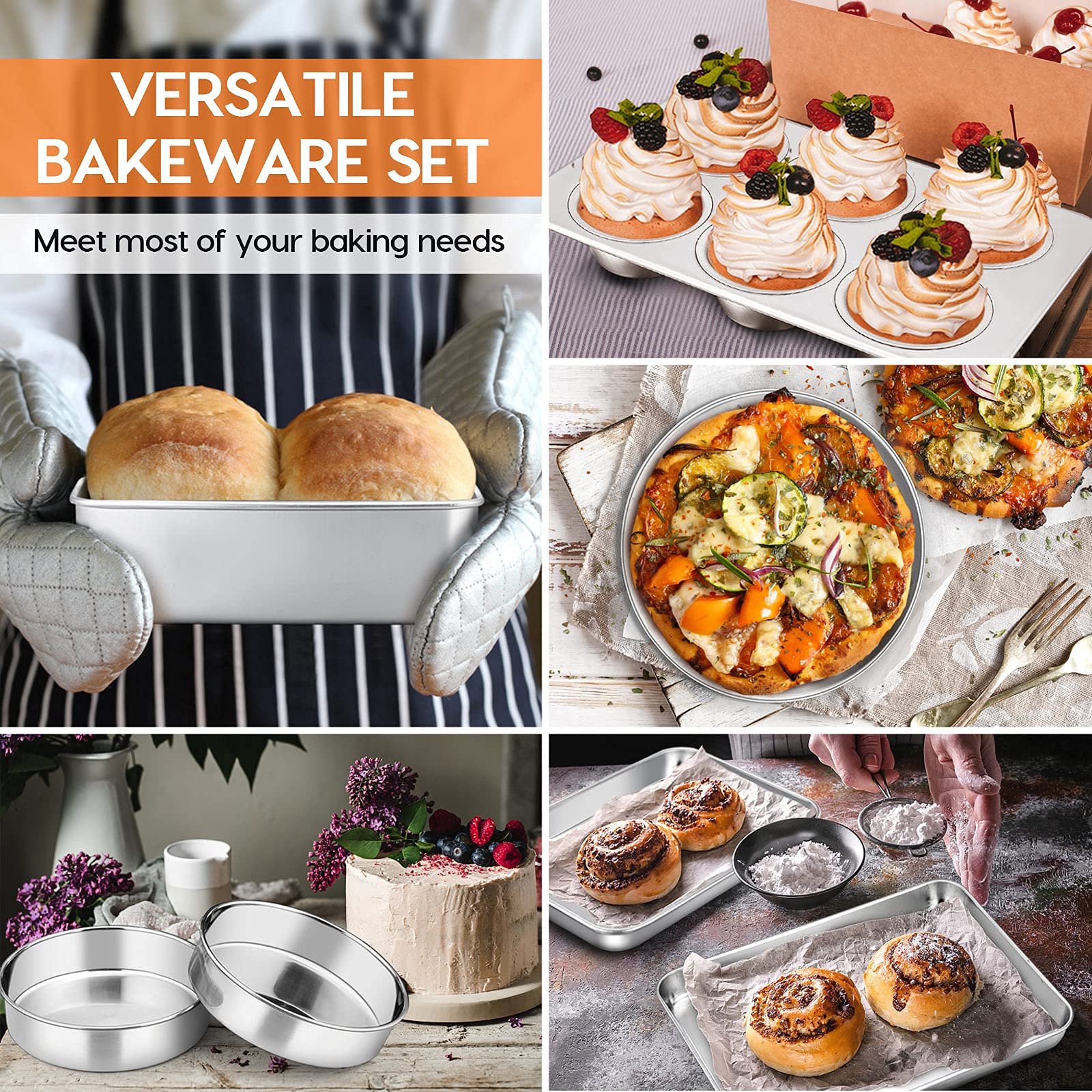 Toaster Oven Bakeware Set, E-Far 8-Piece Stainless Steel Small Baking Pan Set, Include 6-Inch Cake Pan/Rectangle Baking Pan/Cook
