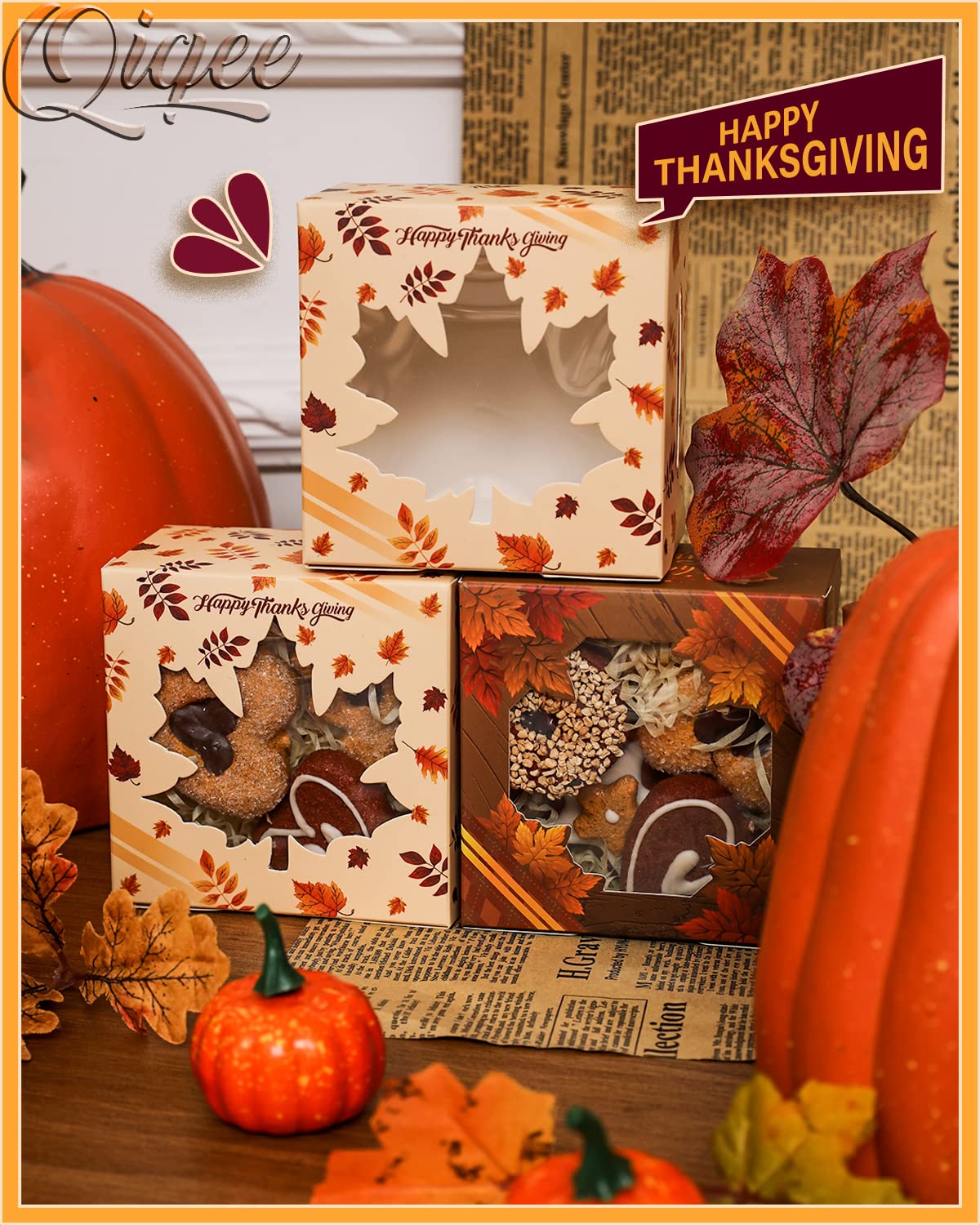 Qiqee Thanksgiving Bakery Boxes With Window 52Pcs 4X4X2.5 Mini Cookie Boxes Macaron Boxes Small Donut Pastry Boxes For Thanksgiv