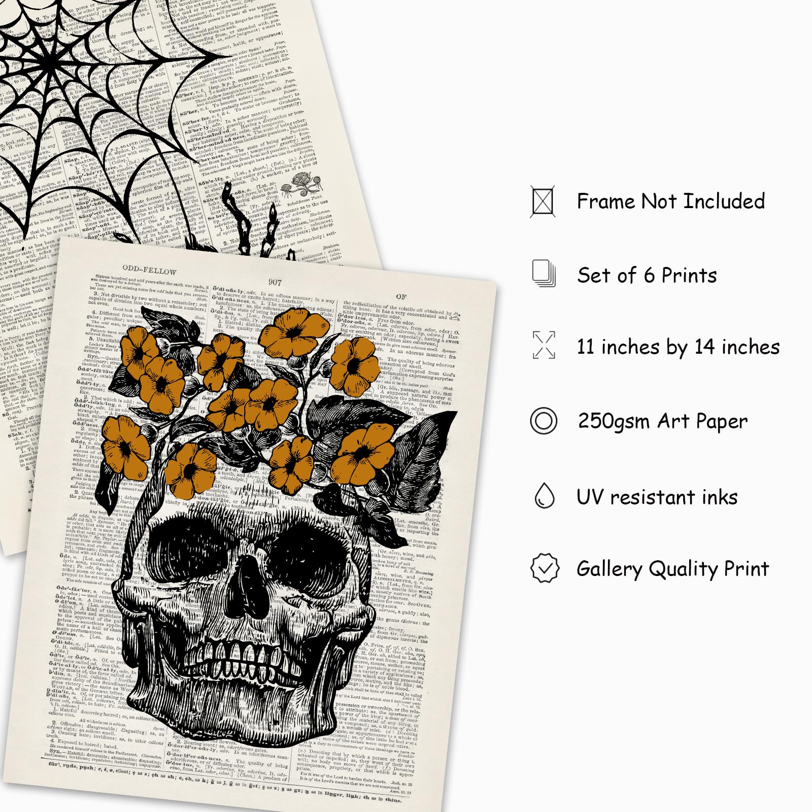 Whaline 6Pcs Halloween Skeleton Wall Art Prints 11 X 14 Inch Spooky Gothic Wall Art Poster Bat Witch Halloween Vintage Wall Deco