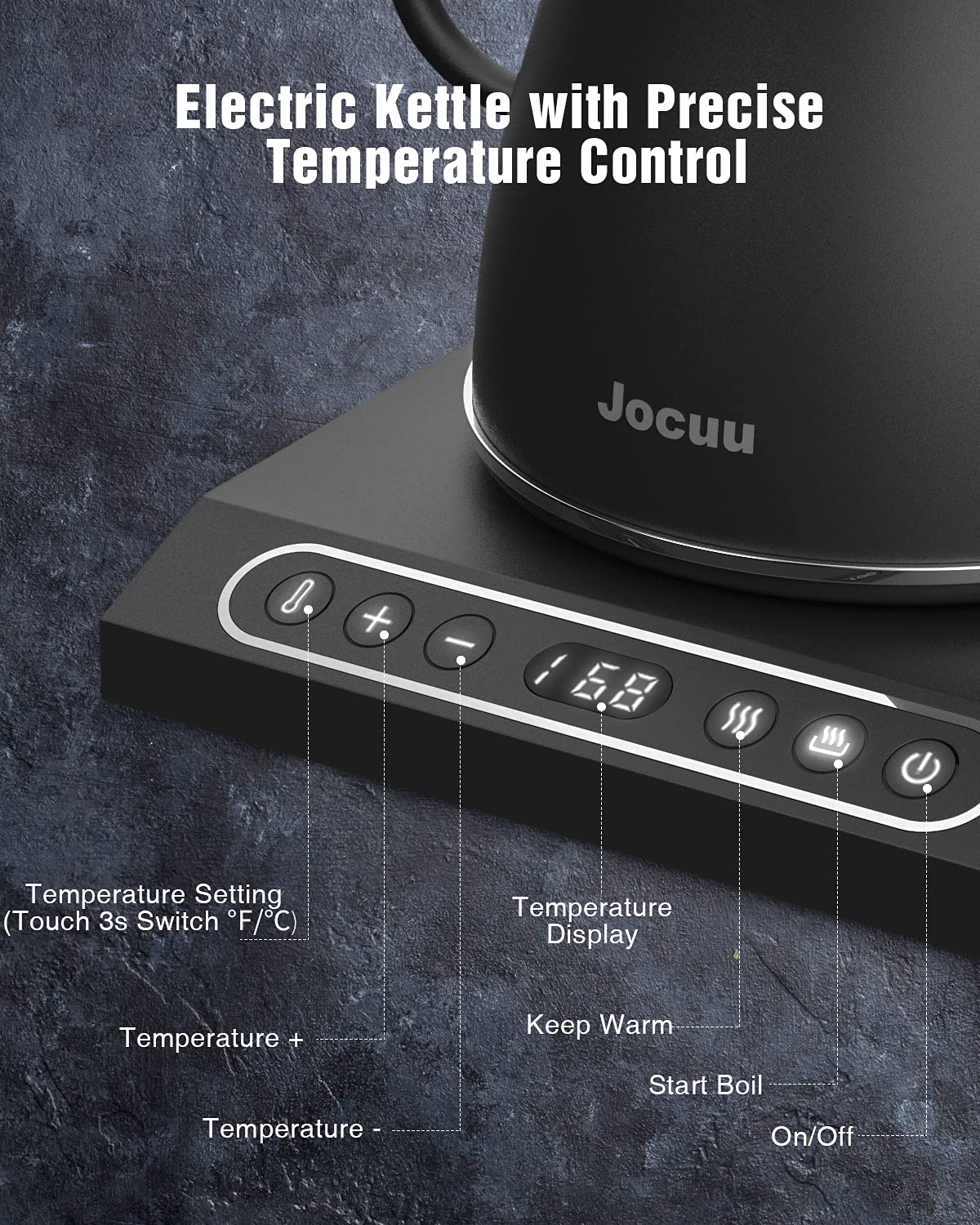 Jocuu Gooseneck Electric Pour Over Kettle With Temperature Control, Tea & Pour Over Coffee Kettle, Stainless Steel, Auto Shutoff