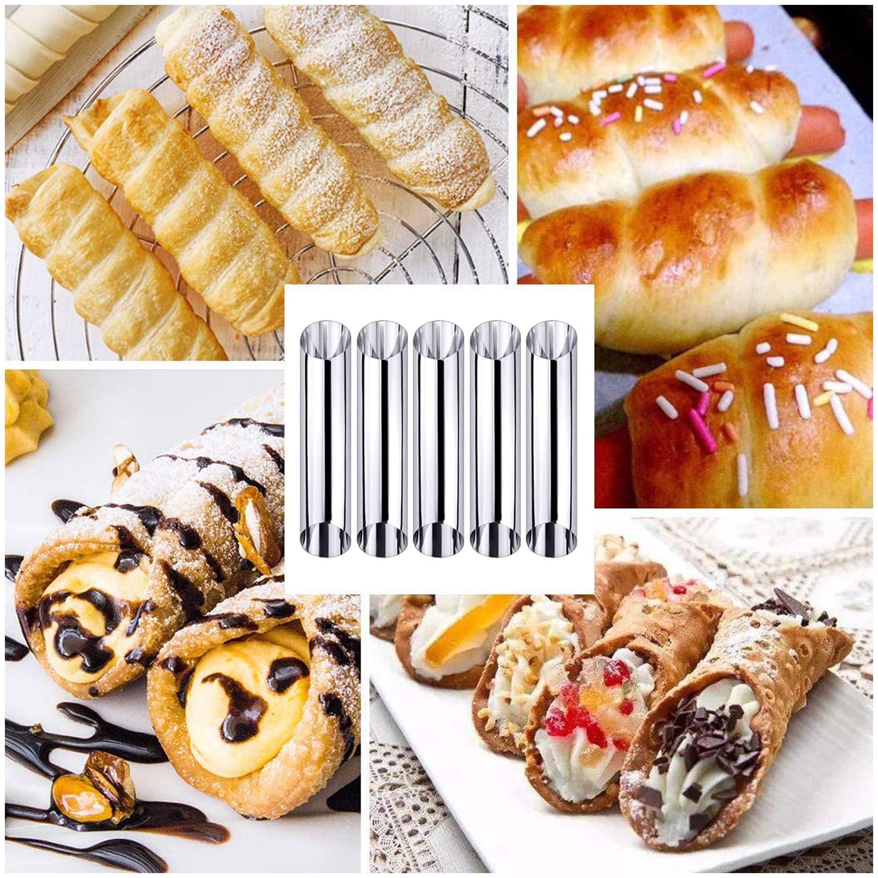 Woohome 42 Pcs Cannoli Tubes Cream Horn Molds Kit Puff Nozzle Set, Stainless Steel Cannoli Forms Cream Horn Molds Piping Puff No