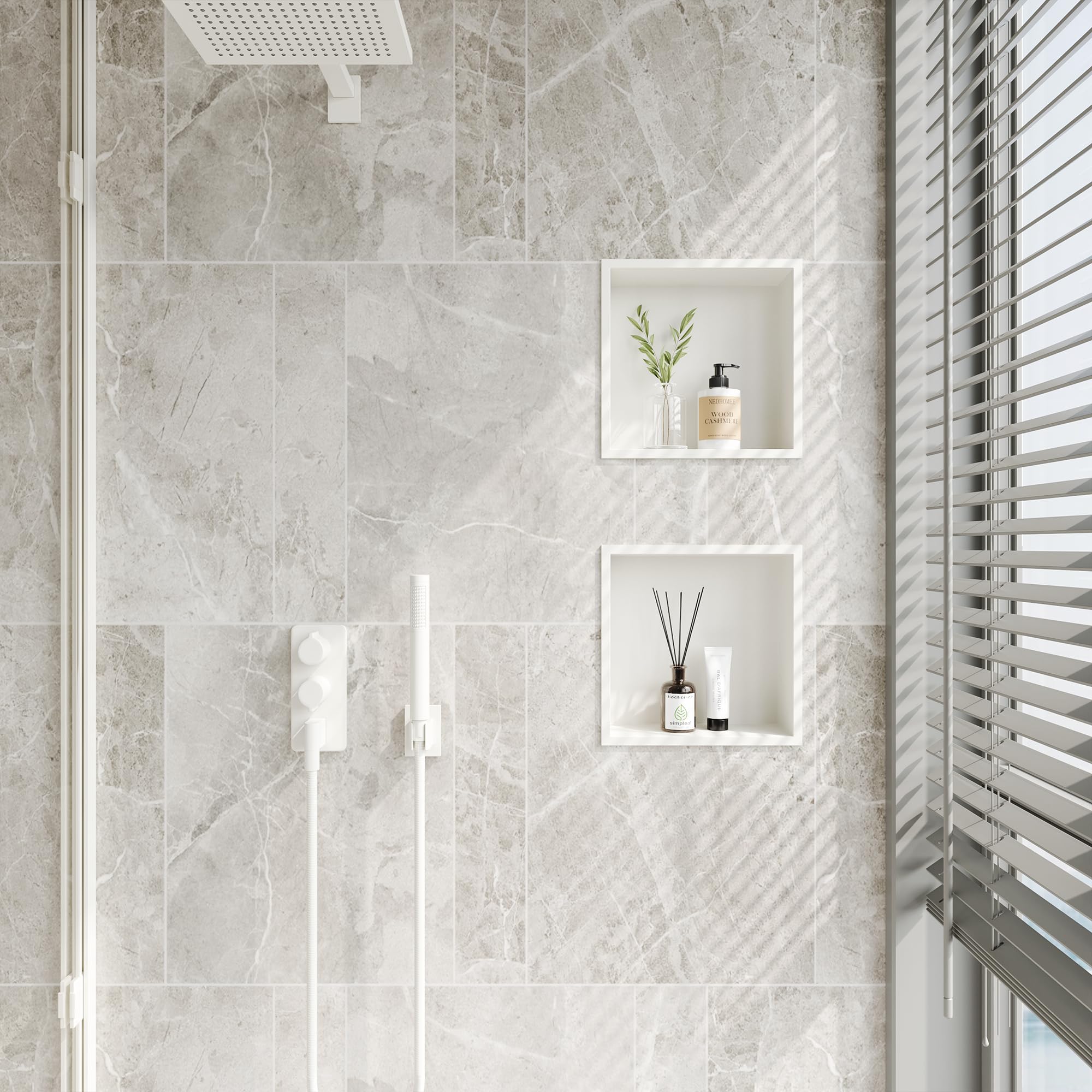 Neodrain White Shower Niche, Insert Storage Shower Shelf (Outside Size 13.1   X13.1)(Inner Size 12'' X 12''), Stainless Steel Wa