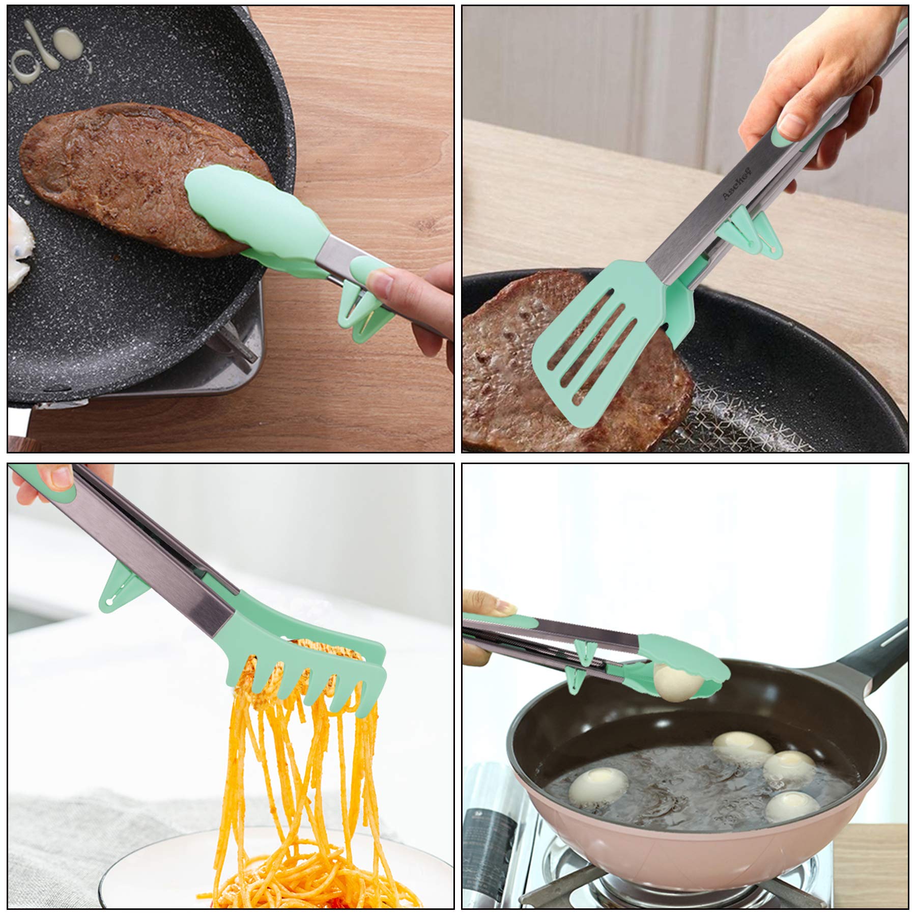4In1 Stainless Steel Kitchen Food Tongs Set For Cooking With Silicone Tips, Toaster Steak Pie Pizza Pasta Spaghetti Noodles Sala