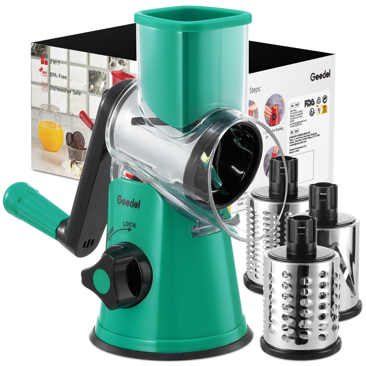 Geedel Rotary Cheese Grater With 3 Interchangeable Blades, Kitchen Mandoline Vegetable Slicer For Fruit, Nuts , Easy To Clean