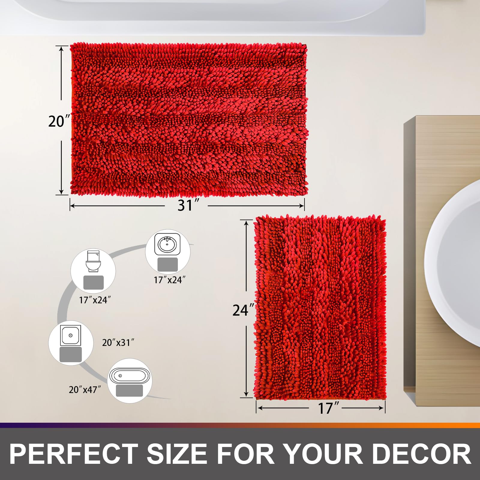 Civkor Red Bathroom Rugs Bath Mat Rug Set 2 Piece Butter Chenille  Shiny Noodle Bathroom Mats 31x20 and 24x16 Inch with Non Slip Backing  Super Water Absorbent  Machine Washable