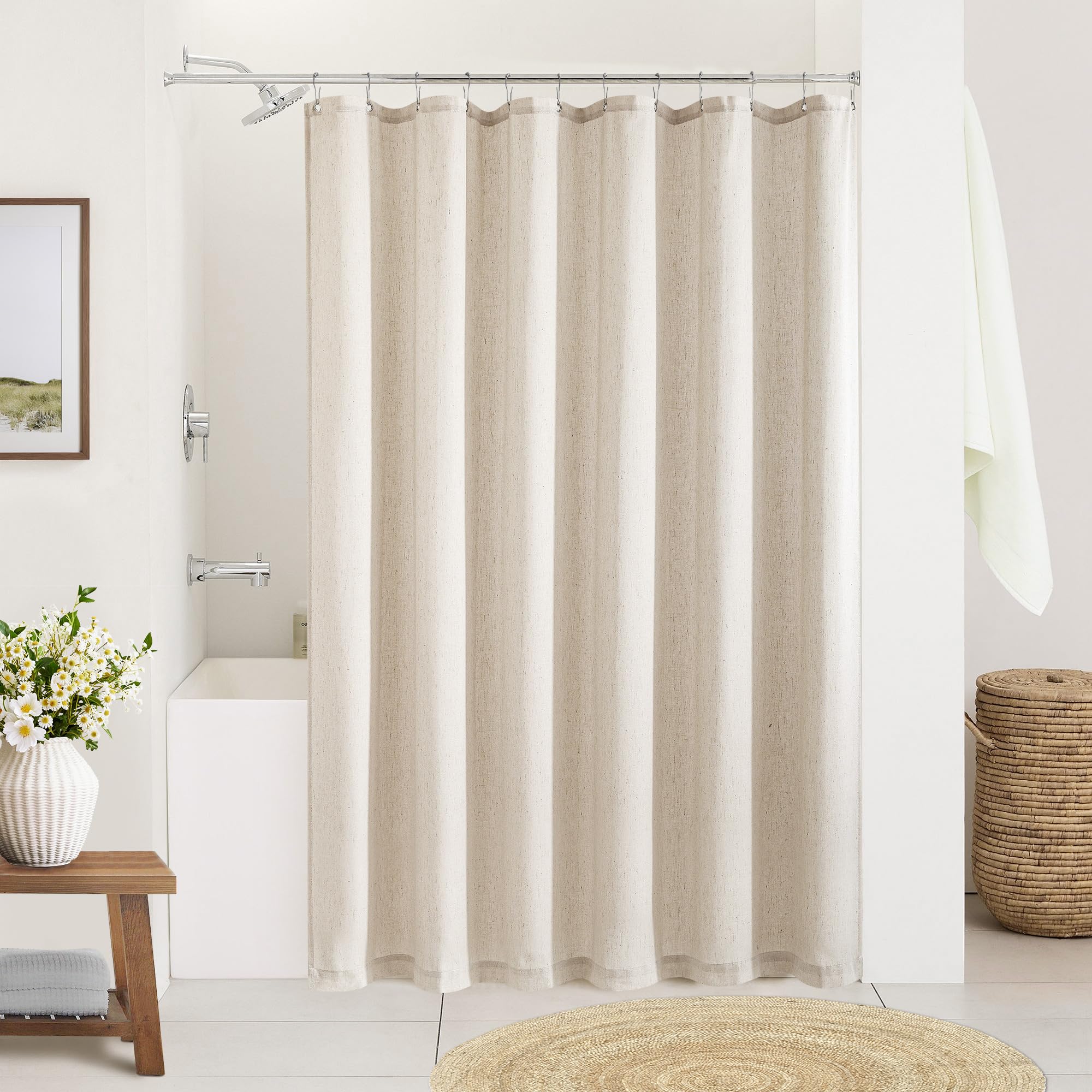 Beige Linen Shower Curtain Neutral Shower Curtains For Bathroom Decor Flax Textured Bath Curtain Boho Farmhouse Rustic Shabby Ch