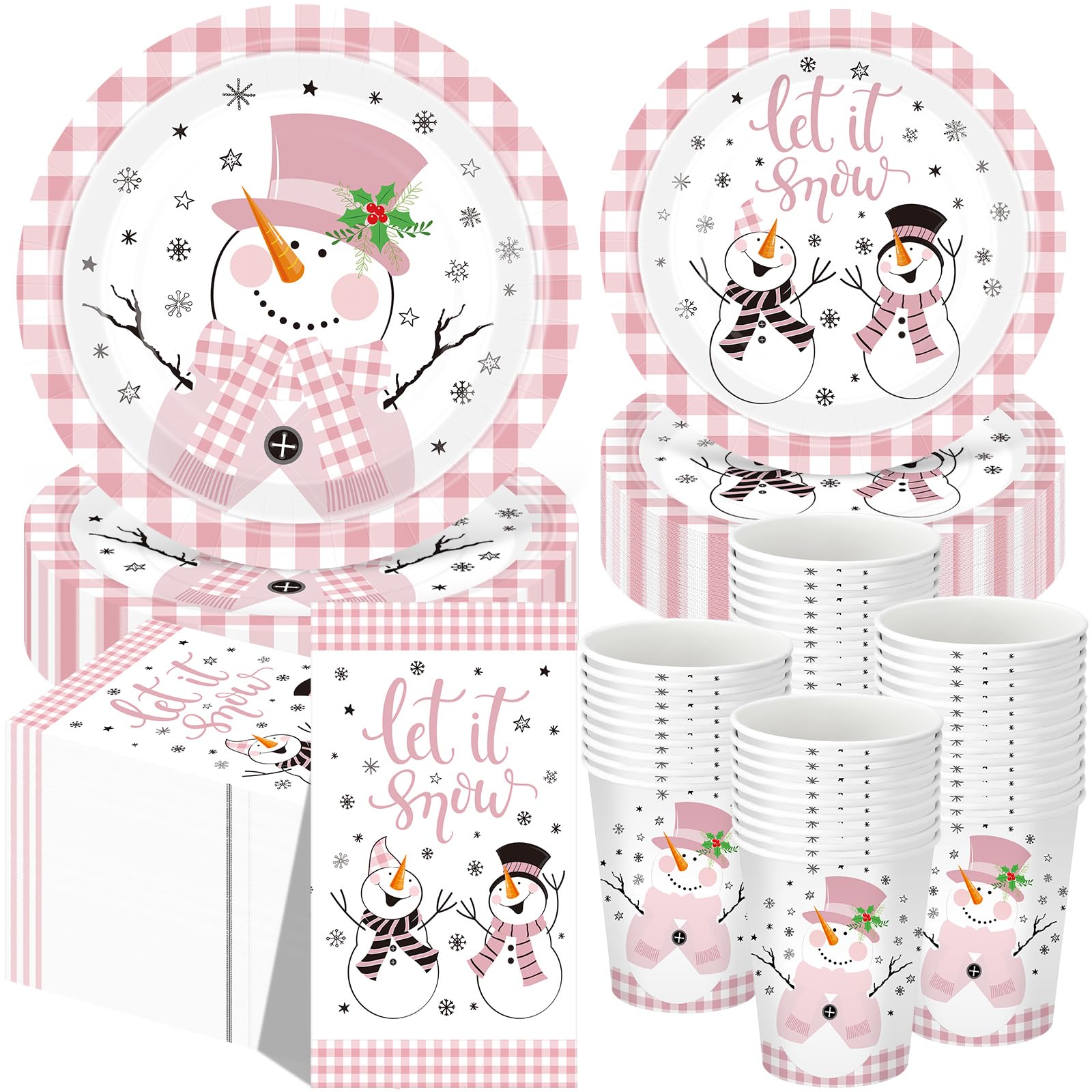 Funnymoom 250 Pcs Christmas Snowman Paper Plates and Napkins Party Supplies Pink White Buffalo Plaid Winter Disposable Tableware