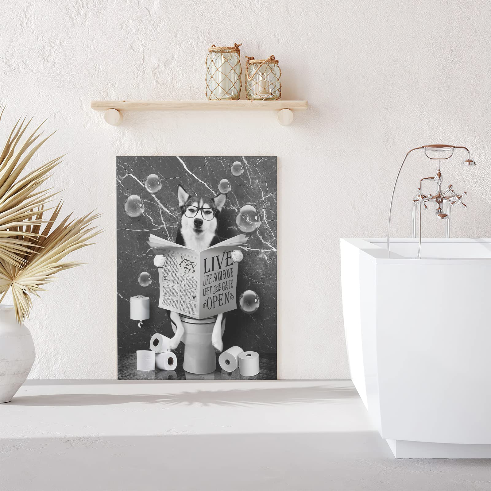 Husky Dog Sitting In Toilet Bathroom Decor Wall Art Funny Husky Pictures Black And White Bathroom Wall Decor Farmhouse Dogs Pain