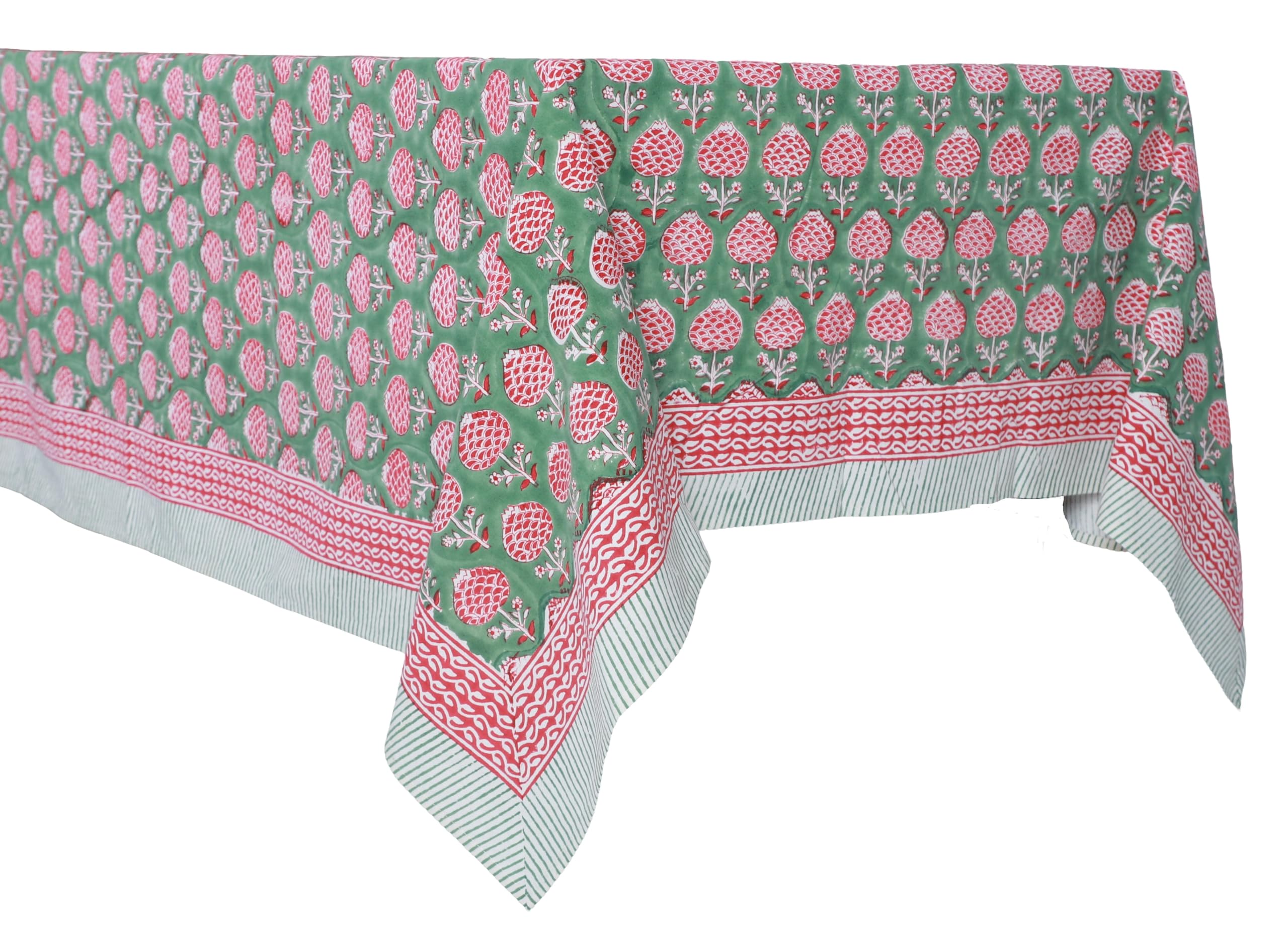 ATOSII Roma Green 100% Cotton Fall Autumn Rectangle Tablecloth, Hand Block Print Washable Table Cover, Christmas Parties Buffet