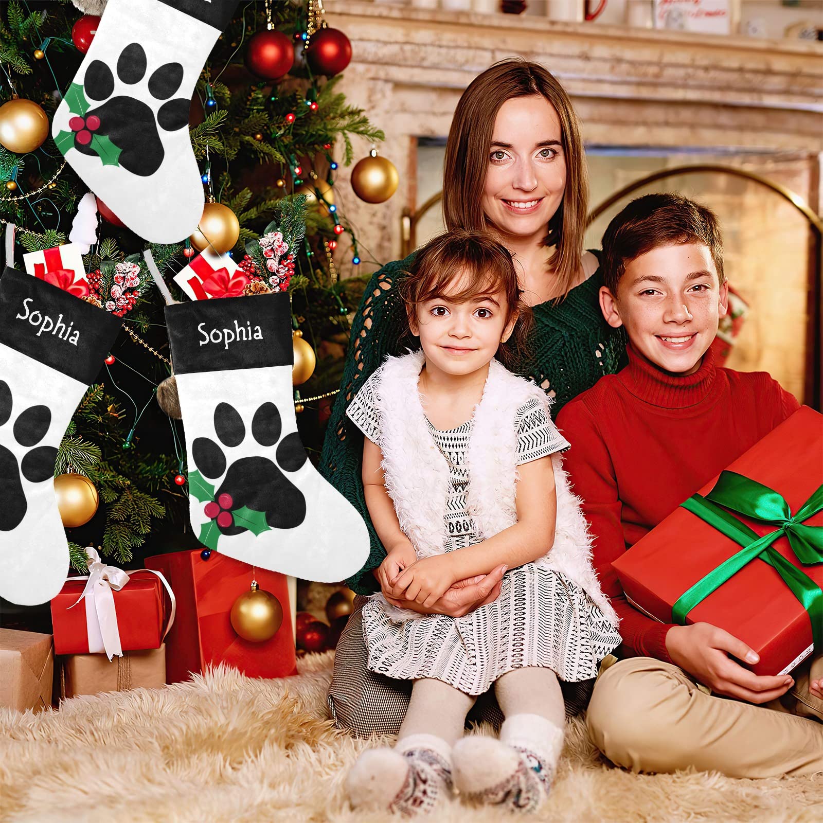 SunFancyCustom Personalized Name Christmas Paw Christmas Stockings Text Custom Xmas Holiday Pup Dog Gift Decor 17.52 x 7.87 Inch