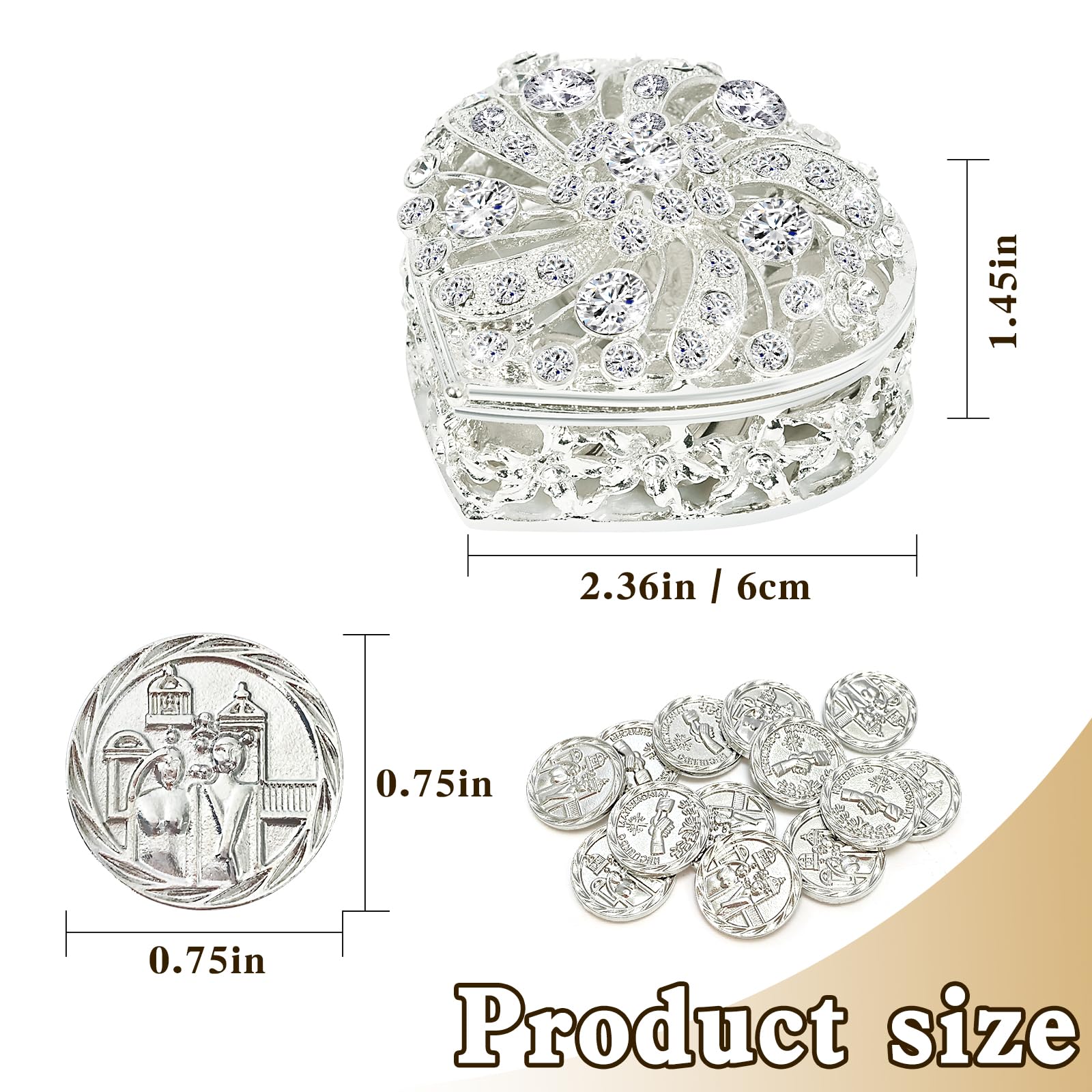 Wedding Arras Coins Set, Arras De Boda Catolica, Arras Para Boda Catolica Silver Heart Shaped Box with Decorative Rhinestone Cry