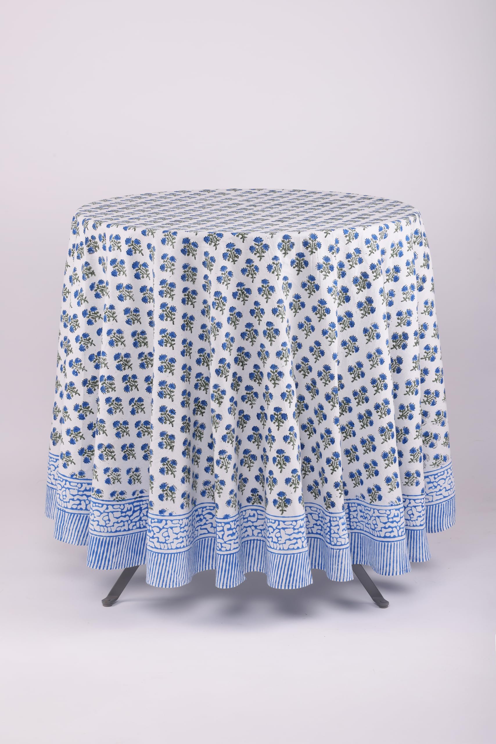 ATOSII Gulbahar Blue 100% Cotton Fall Round Tablecloth, Handblock Print Floral Table Cloth for Kitchen Dining Linen I Thanksgivi
