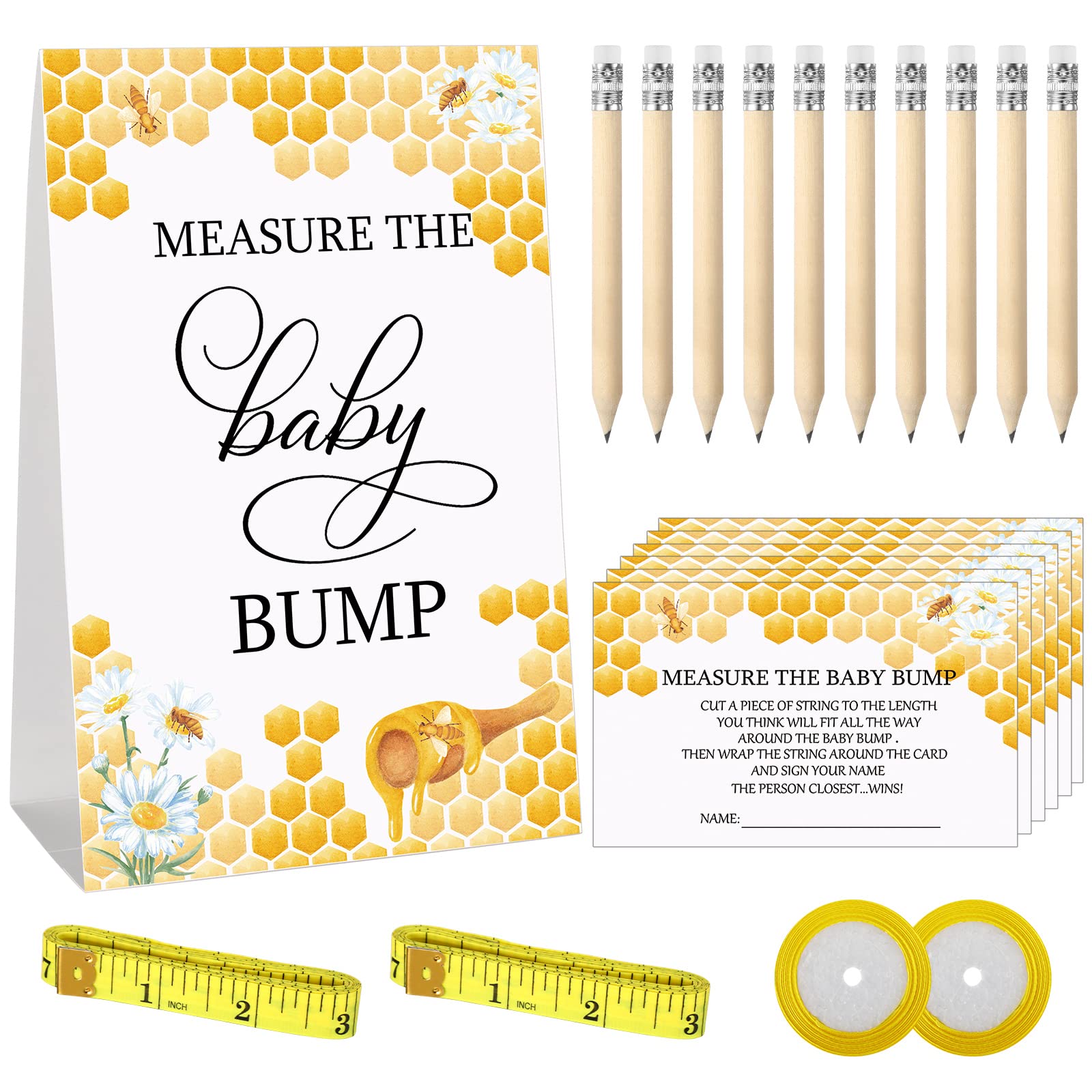 65 Pieces Baby Shower Game Set 1 Measure The Baby Bump Sign Measure Mommy'S Belly Game And 50 Guessing Cards 10 Pencils 2 Ribbon