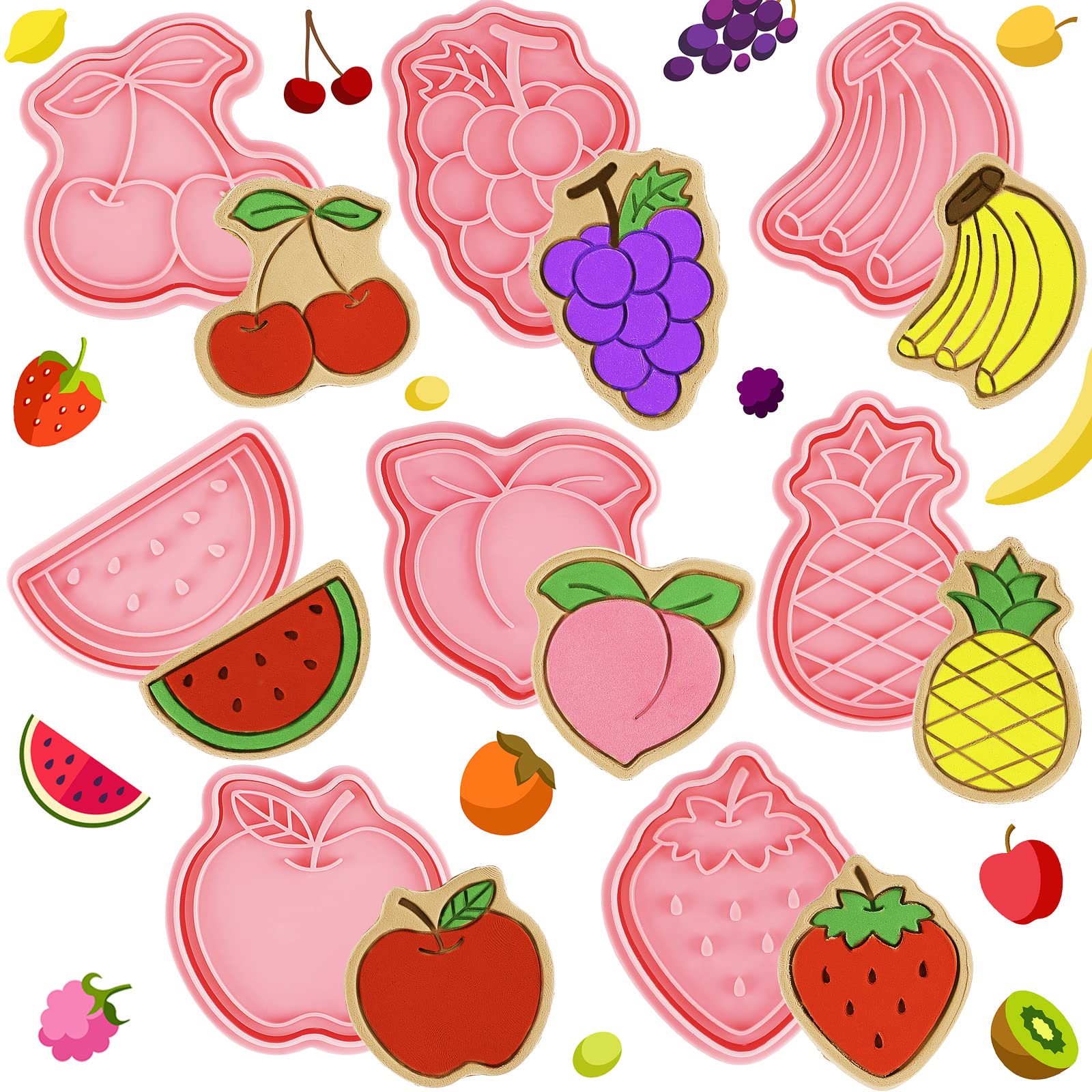 8 Pcs Fruit Cookie Cutters With Plunger Stamps Set 3D Grape Banana Strawberry Pineapple Watermelon Peach Cherry Apple Cookie Cut