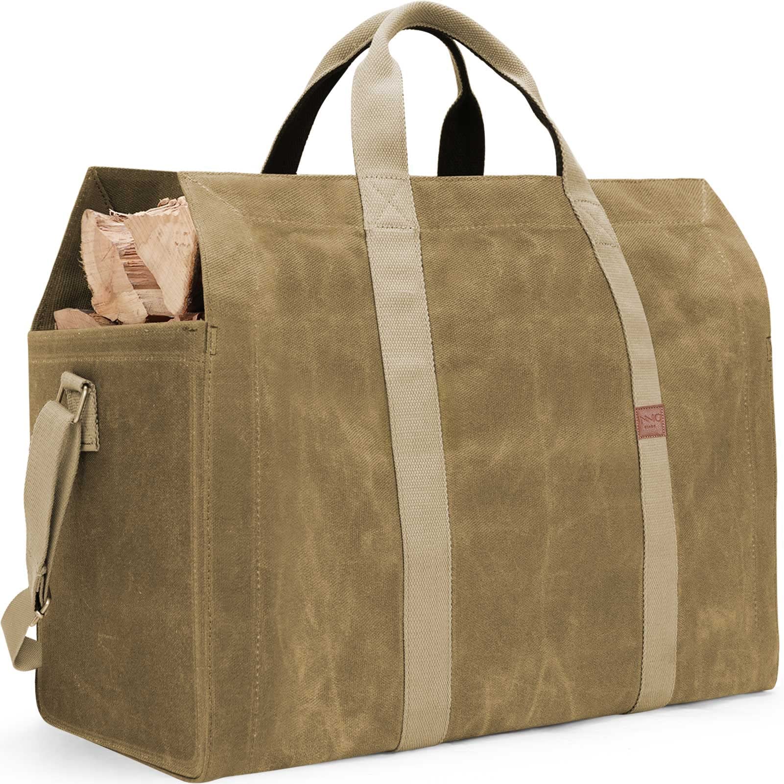 Inno Stage 22Oz Waxed Canvas Fire Wood Log Carrier Tote Bag For Fireplace With Patented Self Standing Design For Hay Hauling Out