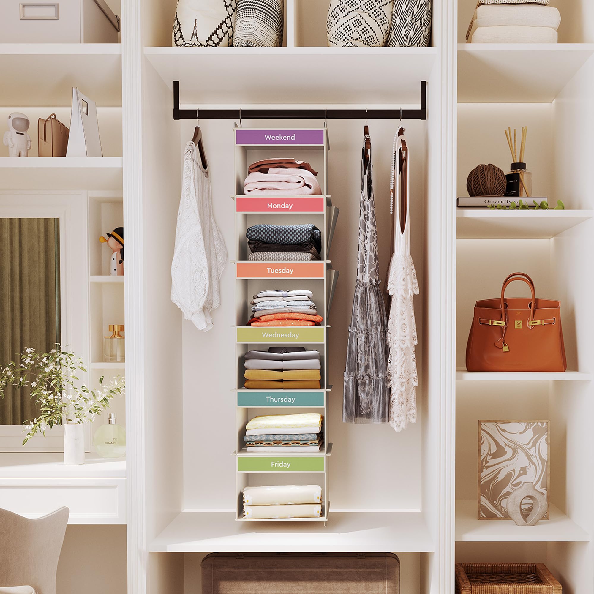 Youdenova 6-Shelf Weekly Hanging Closet Organizer, Weekly Clothes Organizers For Kids With 2 Side Pockets, Light Grey