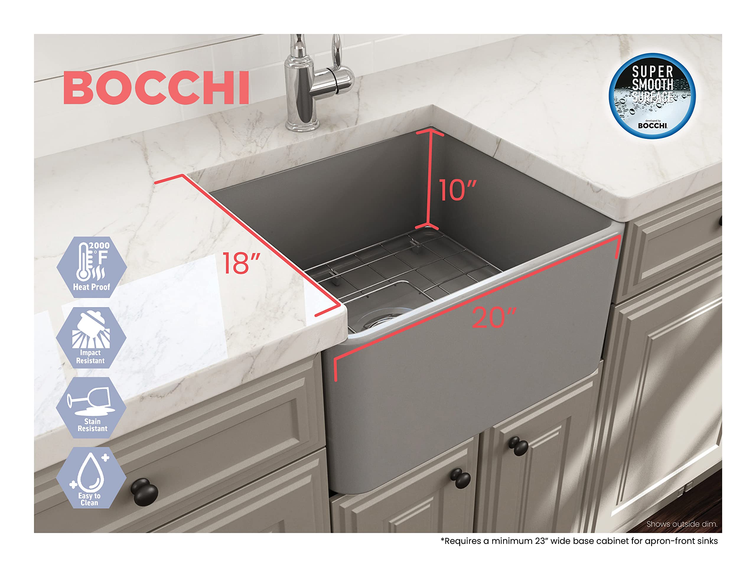 Bocchi Classico Farmhouse Apron Front Fireclay 20 In. Single Bowl Kitchen Sink With Protective Bottom Grid And Strainer In M.Gra