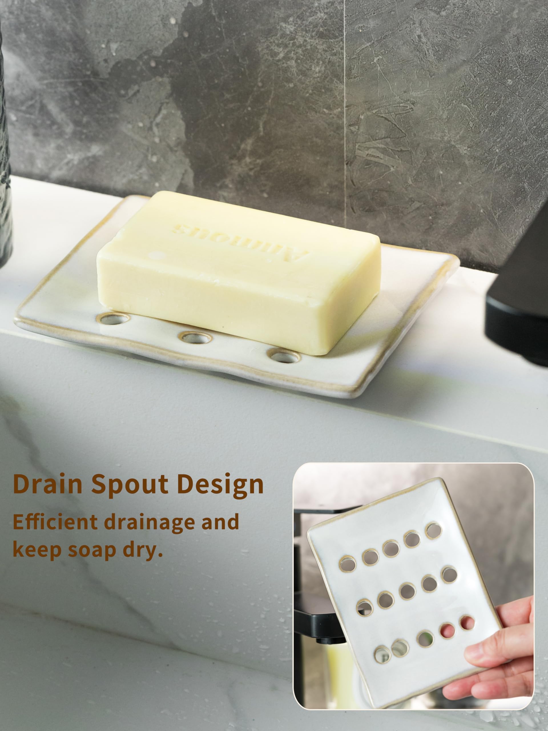 Cormomu Soap Dish With Self Drain, Bar Soap Holder For Bathroom And Kitchen Sink, Rectangular Soap Dishes For Shower Ceramic Soa