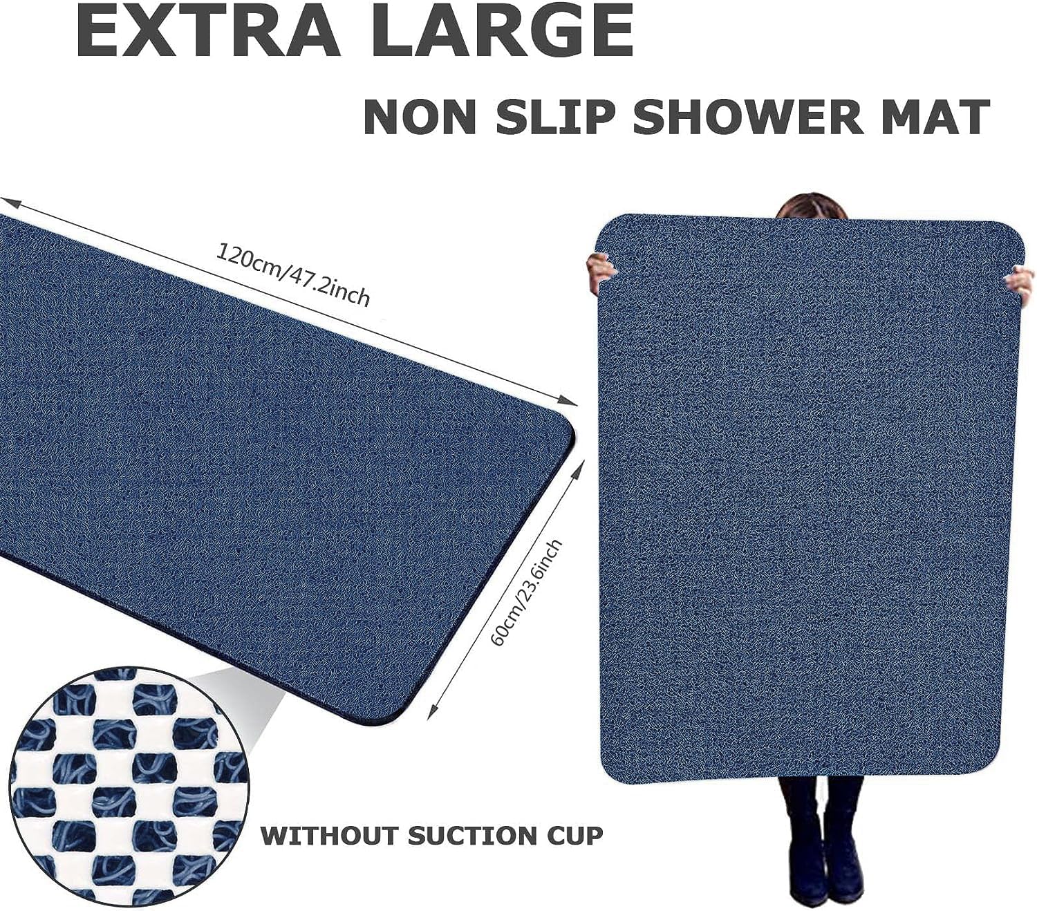 Extra Large Shower Mats Non Slip  23.6?47.2 Inch  Bath Mat for Shower  Loofah Mats for Shower and Bathroom  Quick Drying  Navy Blue