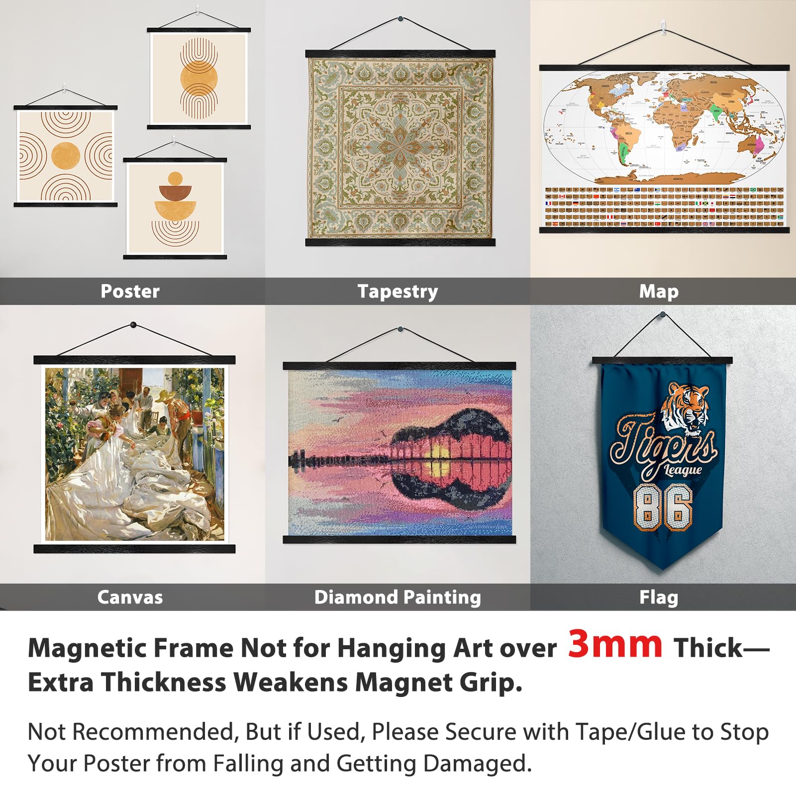 Magnetic Poster Hanger Wooden Poster Hangers  14 Inch  Extra Strong Magnets  Quick Assembly and Easy Use  Wood Poster Hanger for Wall Art  Pictures  Prints  Maps  Canvas  14x17 14x20 14x22  Black