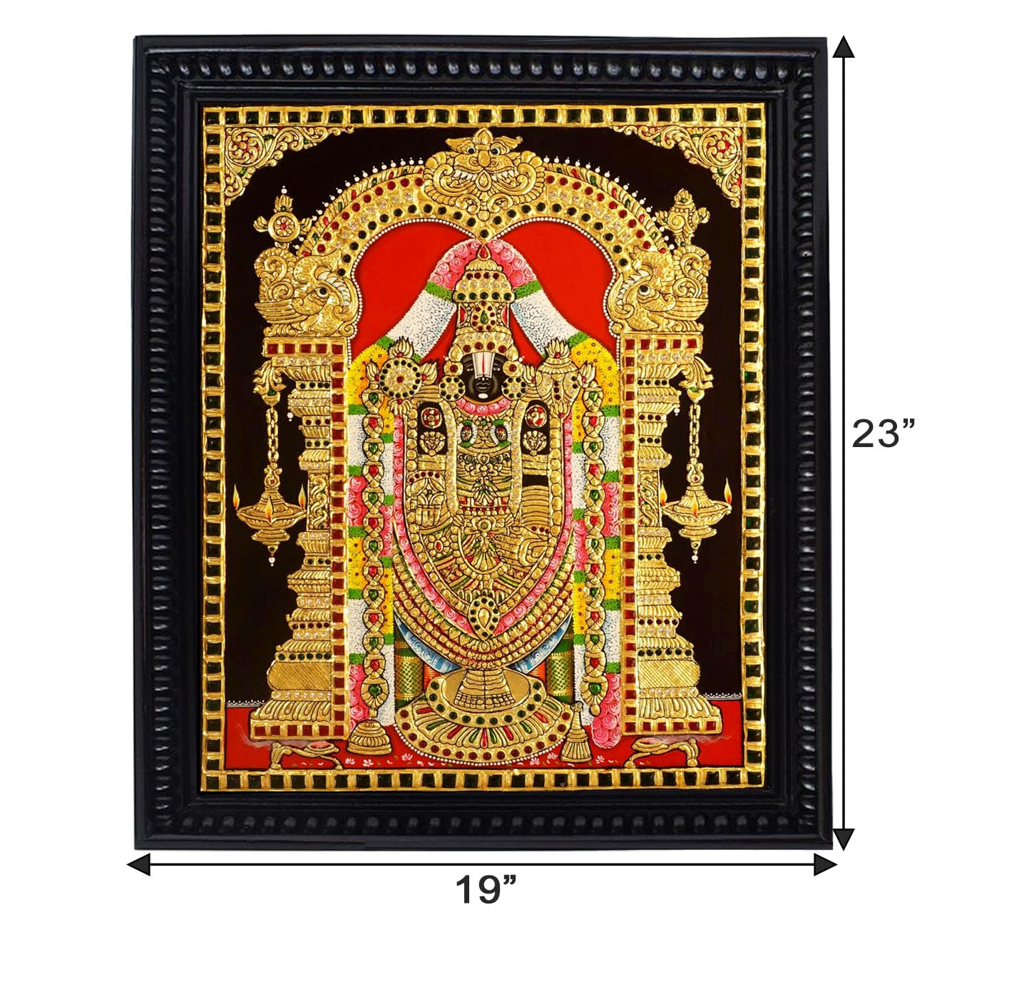Tarang Arts Lord Tirupati Balaji Tanjore Paintings With Wooden Mani Frame, 3D Embose Design, 22-Carat Gold Foil & Jaipur Stones