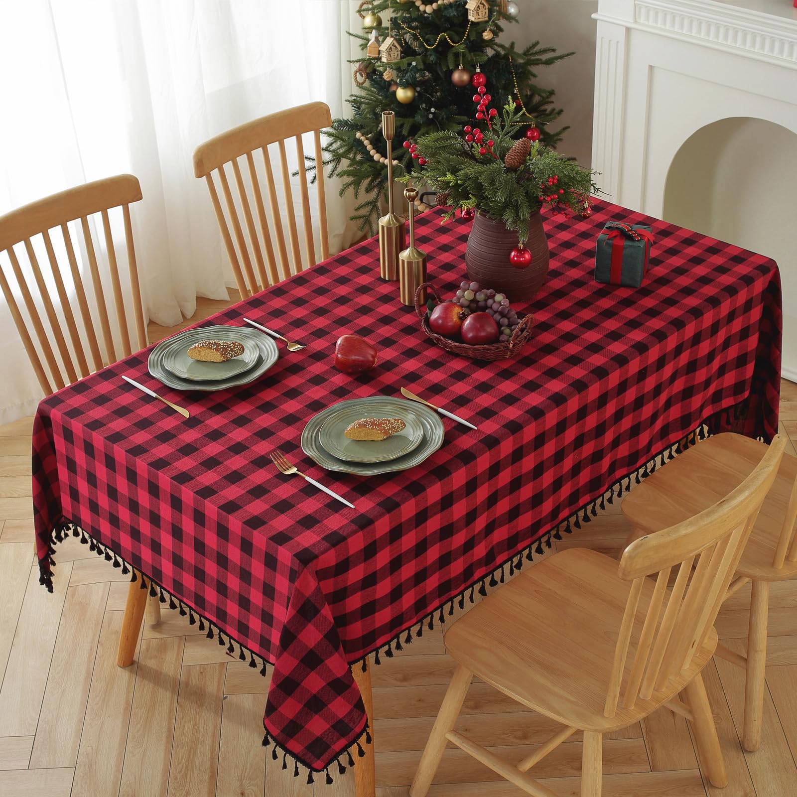 Alsoo Red Checkered Tablecloth Rectangle Cotton Linen Fabric Gingham Table Cloth Buffalo Plaid Valentines Day Table Cover with T