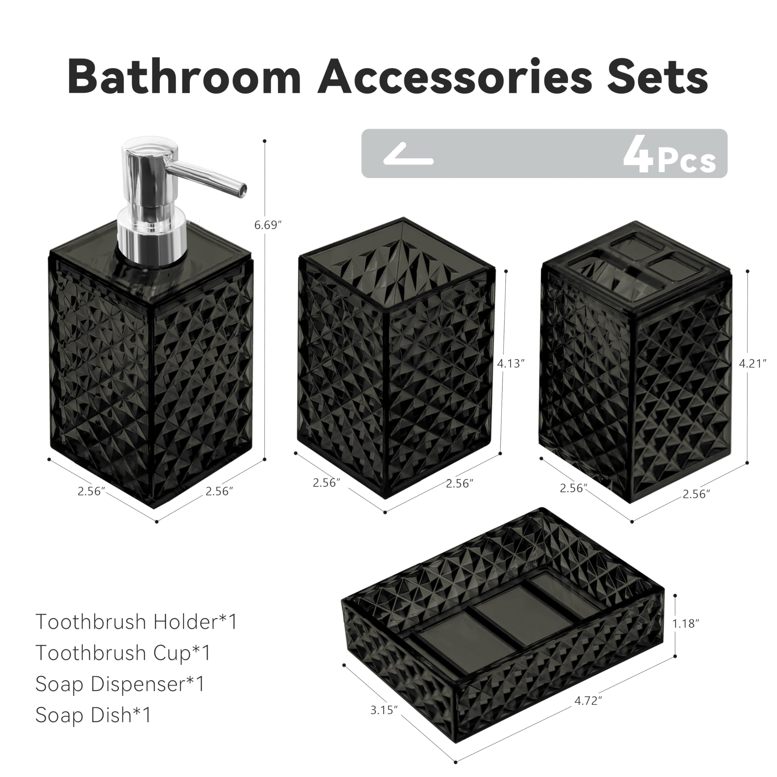 Seeatoo Bathroom Accessory Set - 4 Pcs Black Plastic Accessories, Soap Dispenser, Toothbrush Holder, Boho Decor, Model: Seeatoo-407H