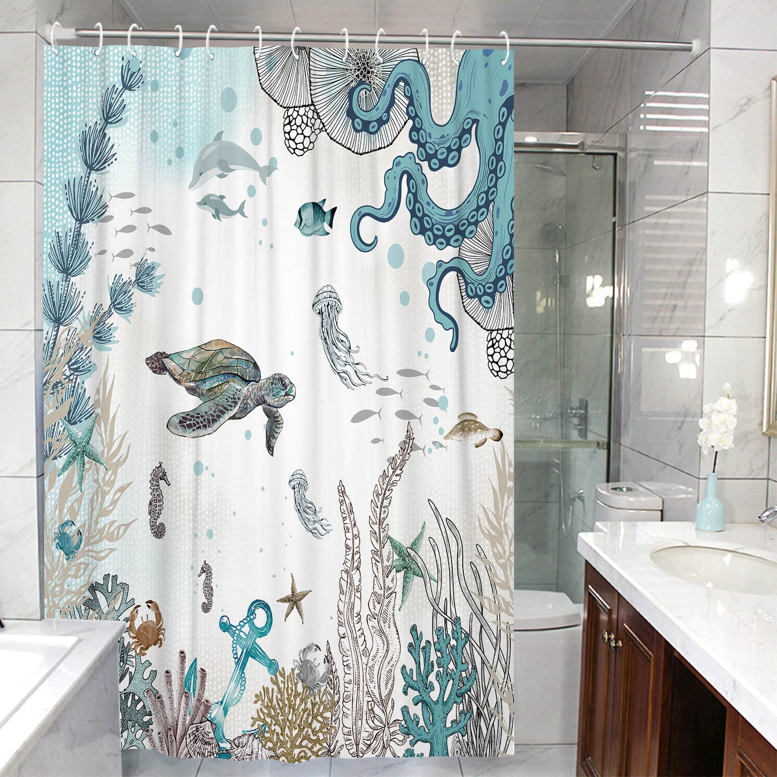 Zussun Long Sea Turtle Octopus Shower Curtain Blue Teal Waterproof Fabric Bathroom Shower Curtains Fish Ocean Animal Seashell Je