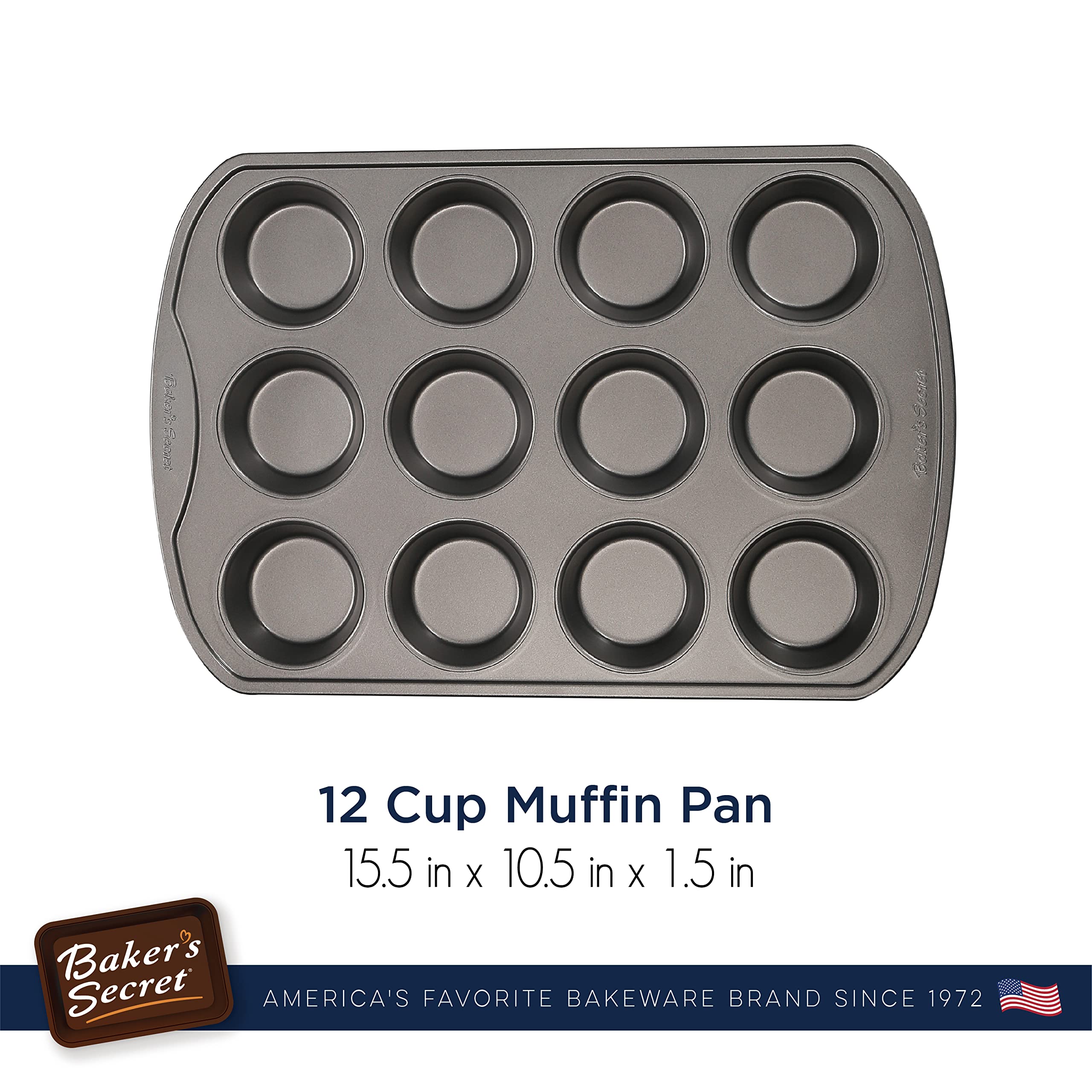 Baker's Secret Nonstick 12-Cup Muffin Pan - Carbon Steel, Dark Gray, Easy Release, Dishwasher Safe, Model BS10007