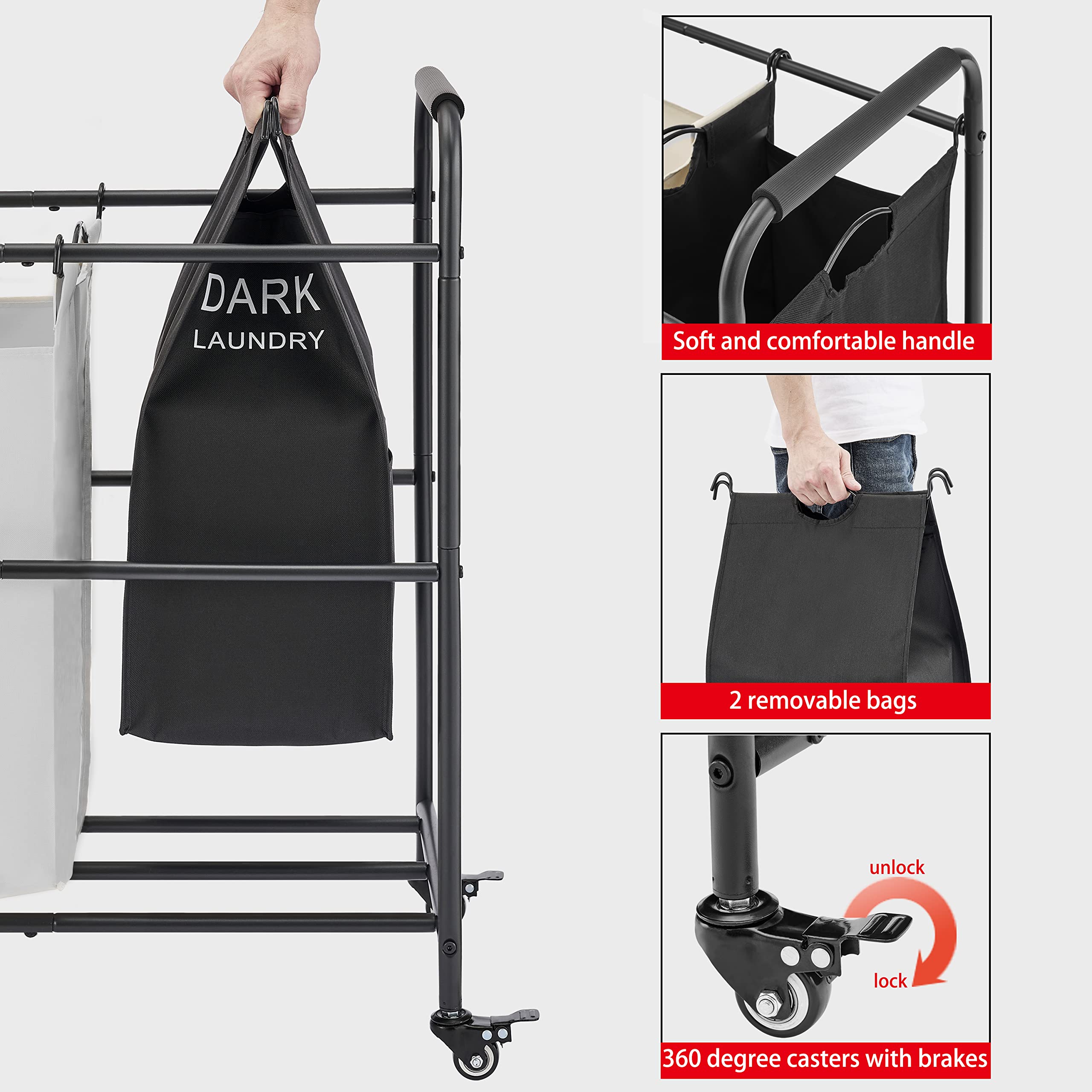 Tajsoon 2 Bag Laundry Sorter Cart, Laundry Hamper Sorter Basket With Heavy Duty Lockable Rolling Wheels For Clothes Storage, Bla