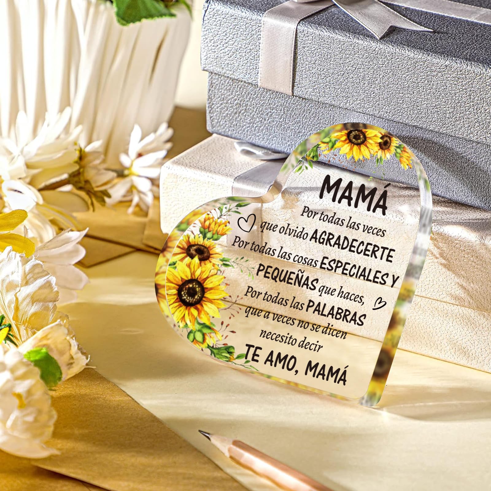 SUEHHYY Birthday Gifts for Mom in Spanish, Regalos para Mam   Cumpleaos, Acrylic Heart Sign Paperweight Presents, Christmas Moth