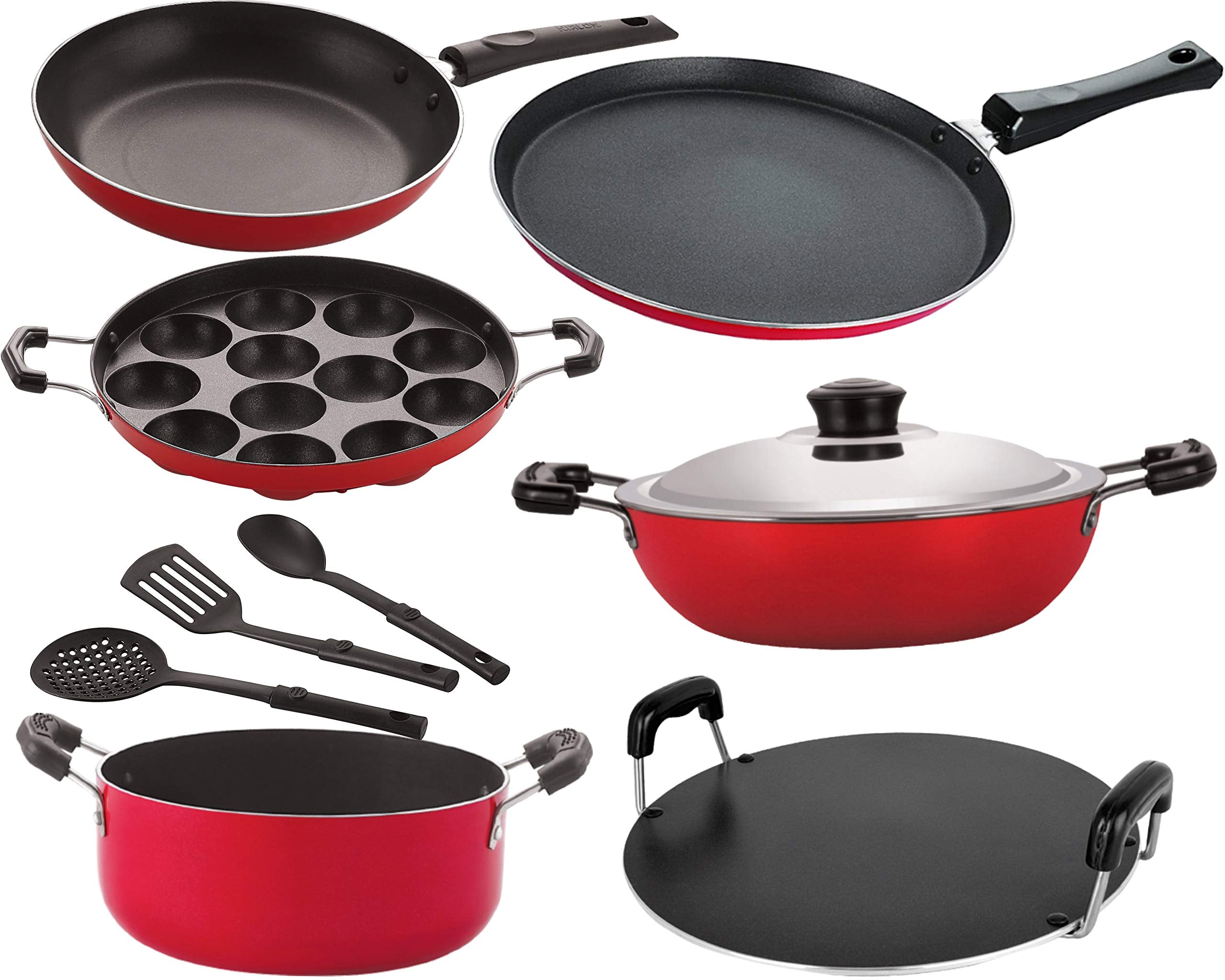 Nirlon NonStick, Pfoa Free Kitchenware Utensils Combo Offer With Stainless Steel Lid Cookware Set 9 Pcs [26_Ft13_Dkdb_Ap_Rt_Ca