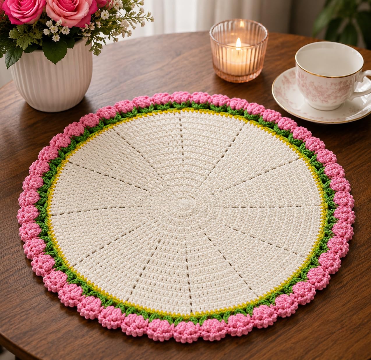 Hand Crochet Round Table Mat, Cream with Pink Floral Border, Handmade Dining Table Placemat