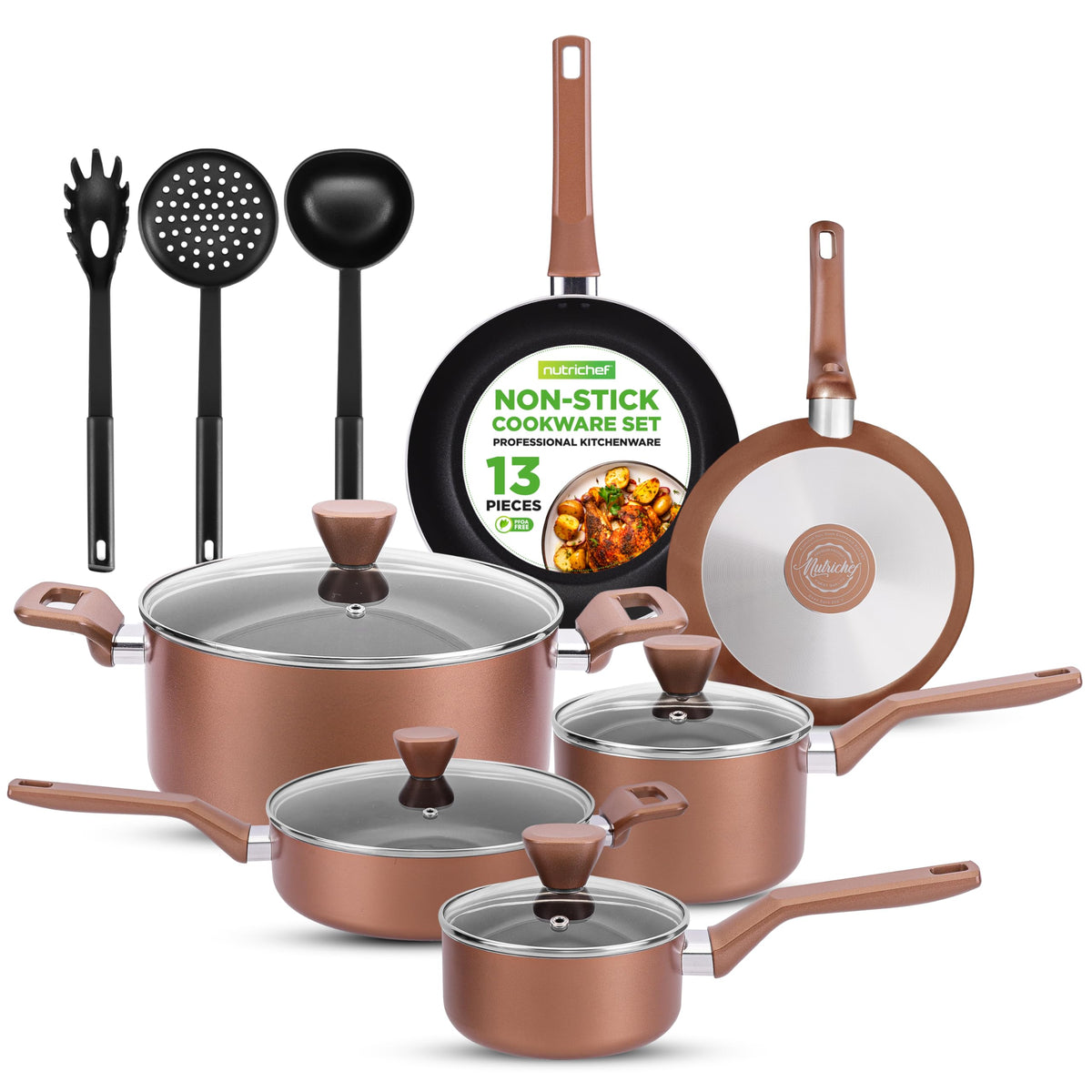 NutriChef 13 Pcs. Nonstick Kitchen Cookware PFOA/PFOS-Free Heat Resistant Kitchenware Set w/Saucepan, Frying Pans, Cooking Pots,