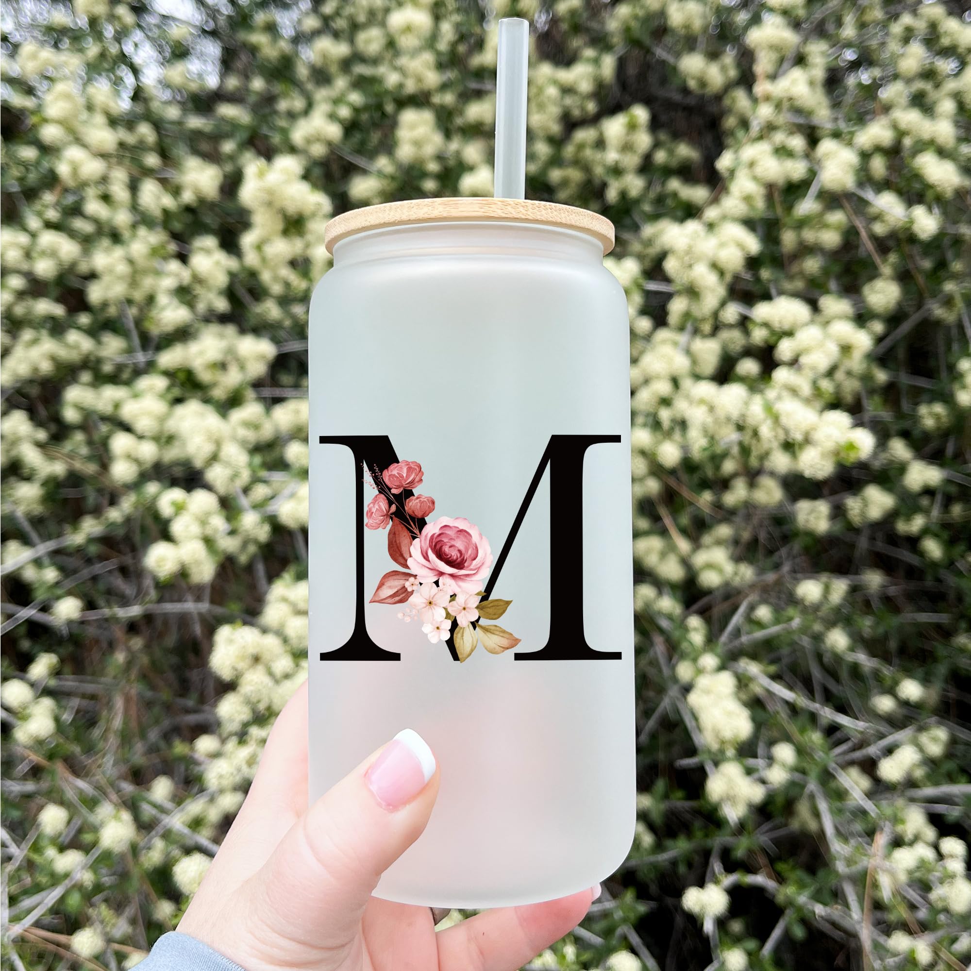 Personalized Gifts For Women, Monogrammed Frosted Glass Tumbler With Straw And Lid, Cute Customized Mug, Custom Initial Iced Cof