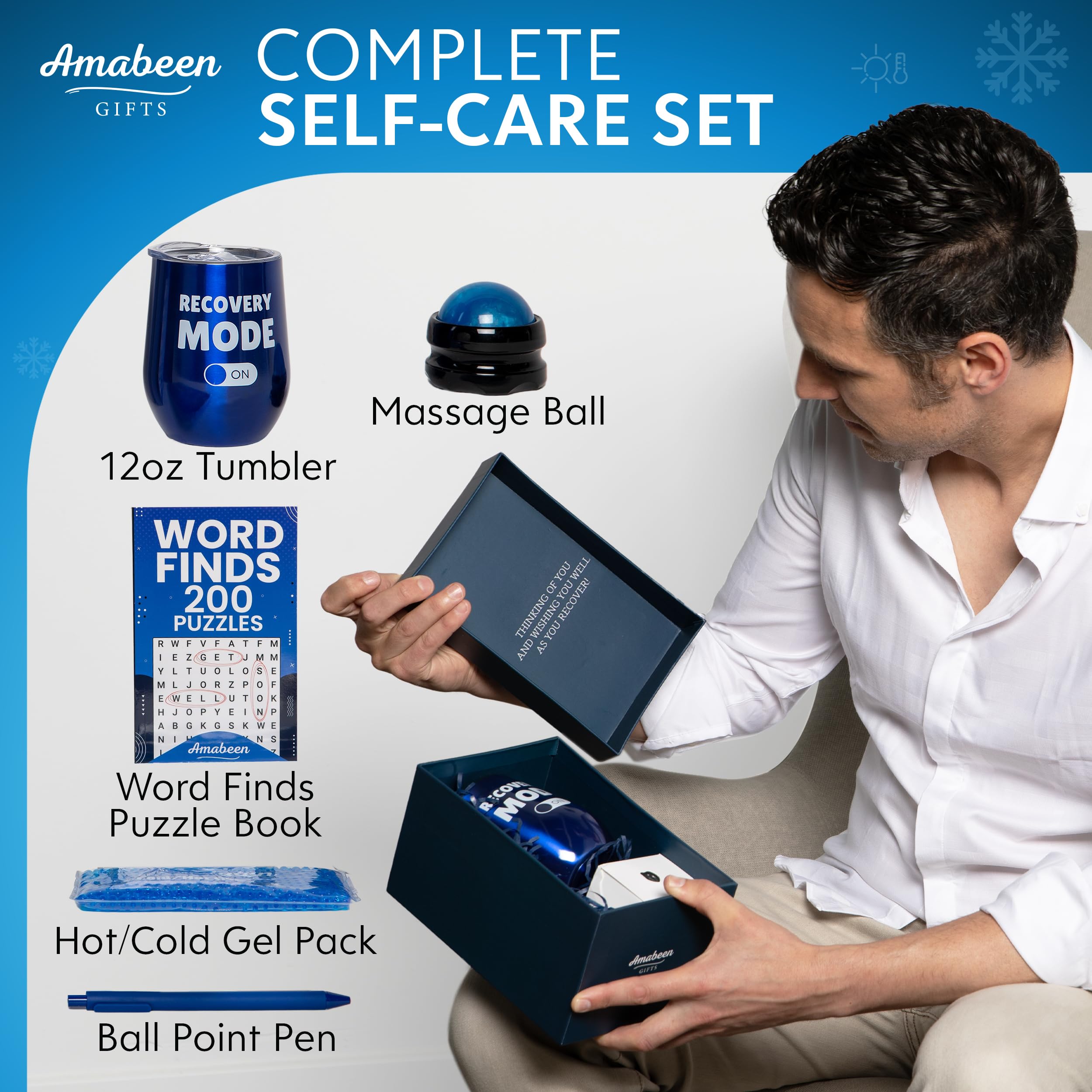 Amabeen Get Well Soon Gift Basket For Men W/Insulated Tumbler, Puzzle Book, Massager - Hospital Care Package For Recovery & Afte