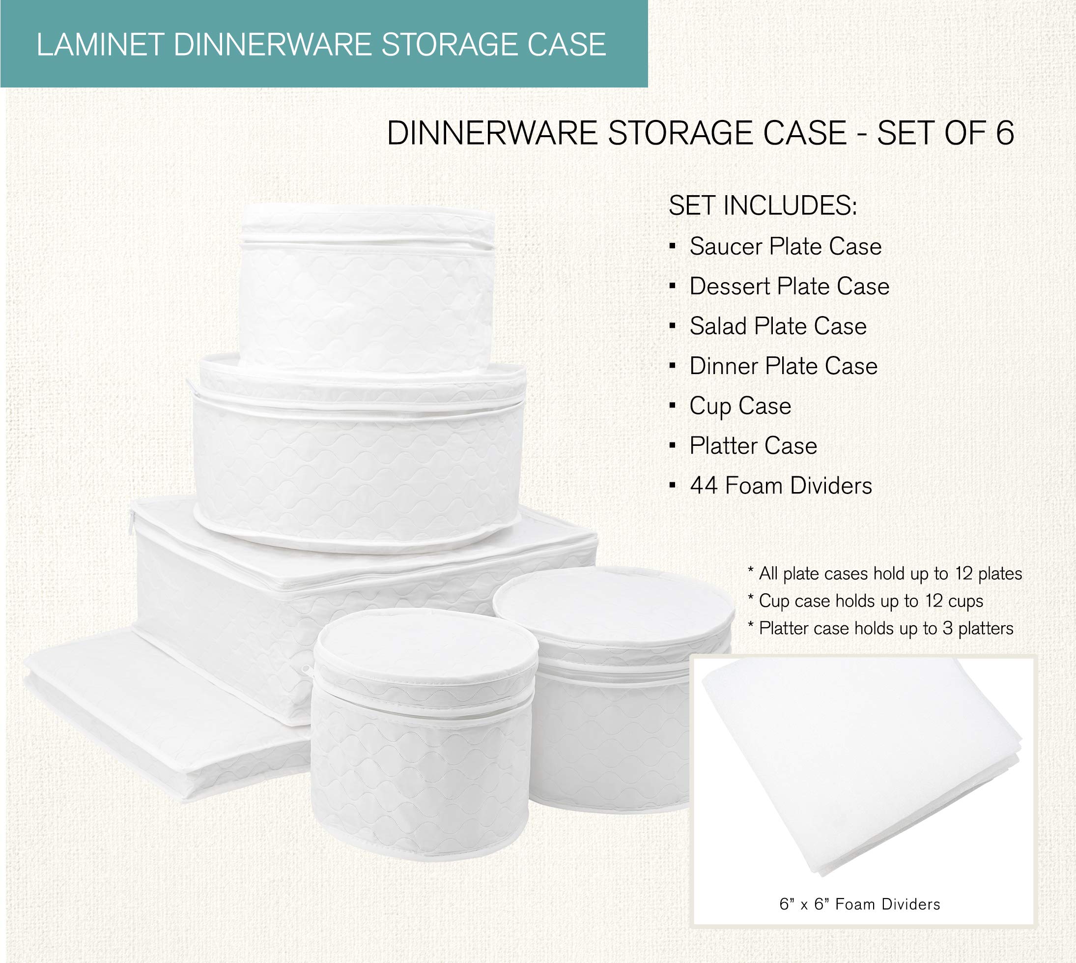 LAMINET 6 Piece Quilted Dinnerware Storage Starter Set - Includes 4 Plate Cases, 1 Cup Case & Platter Case - WHITE