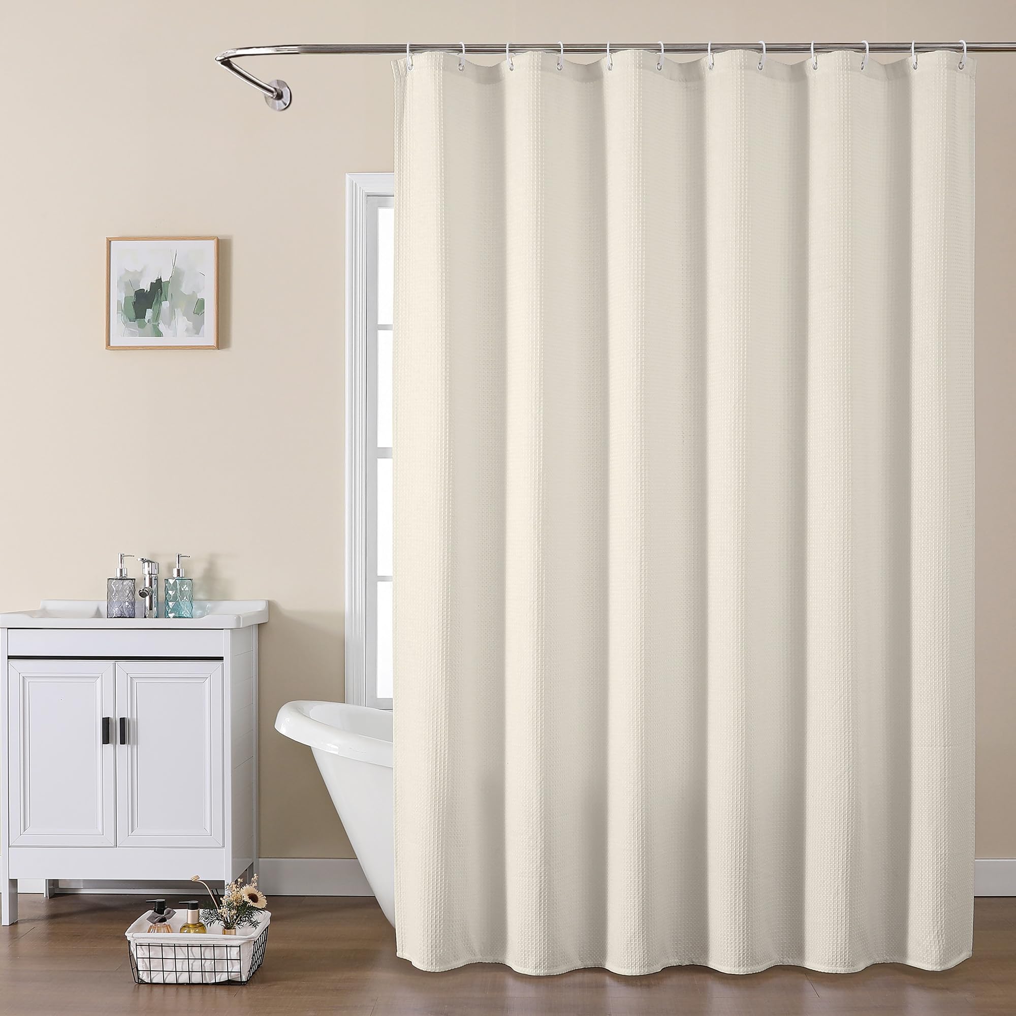 Ovzme Cream Shower Curtain Set, Waffle Textured Heavy Duty Fabric Shower Curtain For Bathroom, Luxury Hotel Weighted 230Gsm Bath